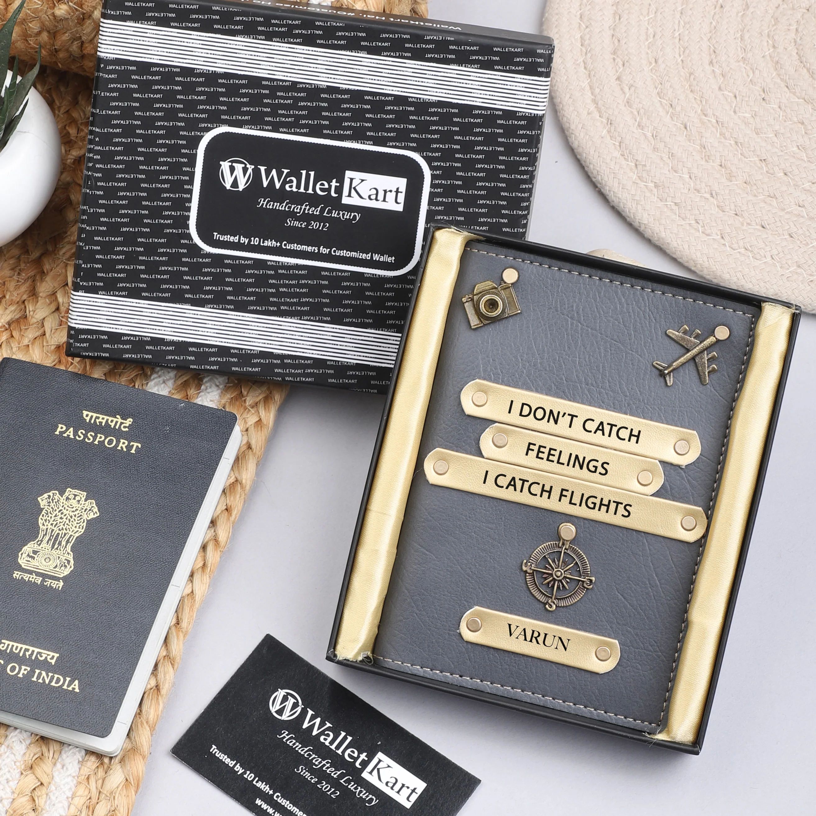Personalized Leather Passport Cover with Name & Charm (I DONT CATCH FEELING I CATCH FLIGHTS) - Image 8