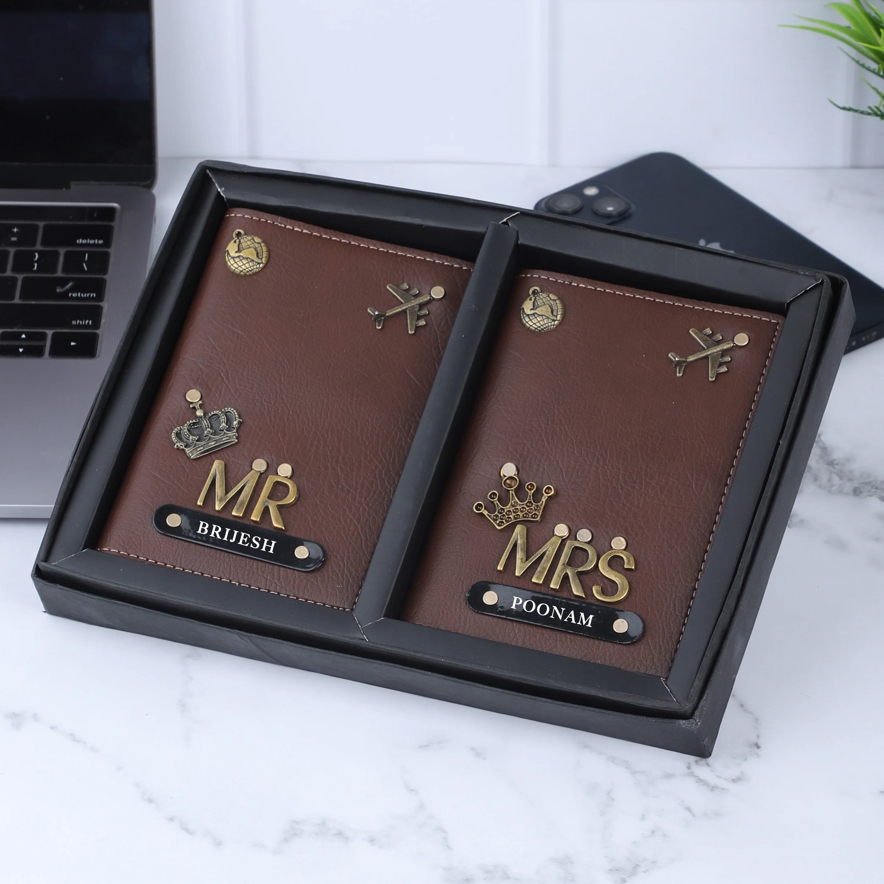 Personalized Leather Name Passport Cover Couple Combo with MR and MRS charm - Image 5