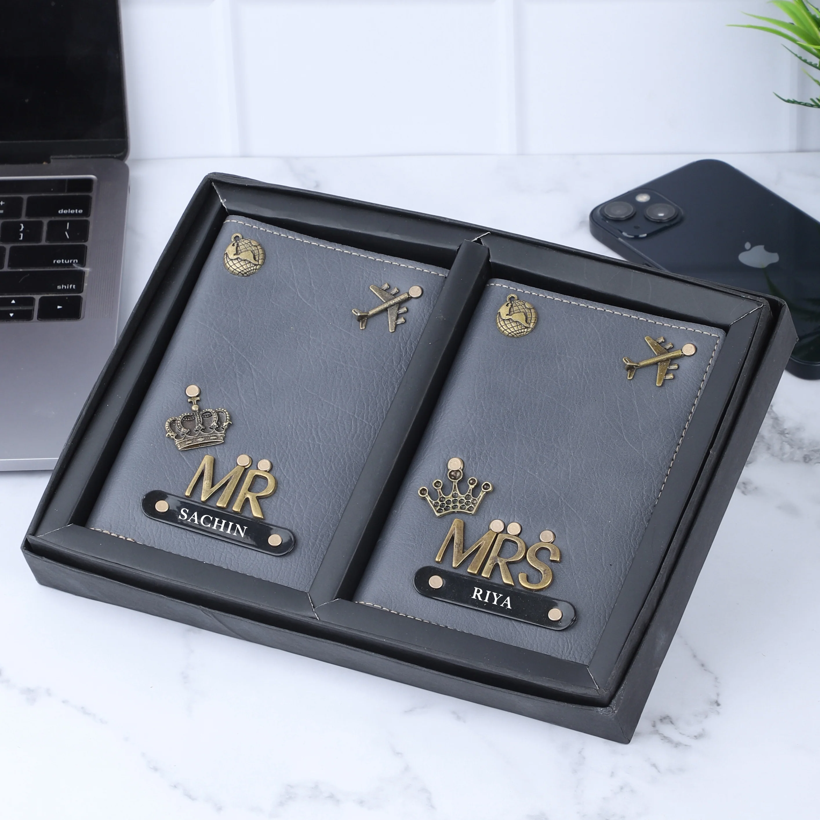 Personalized Leather Name Passport Cover Couple Combo with MR and MRS charm - Image 9