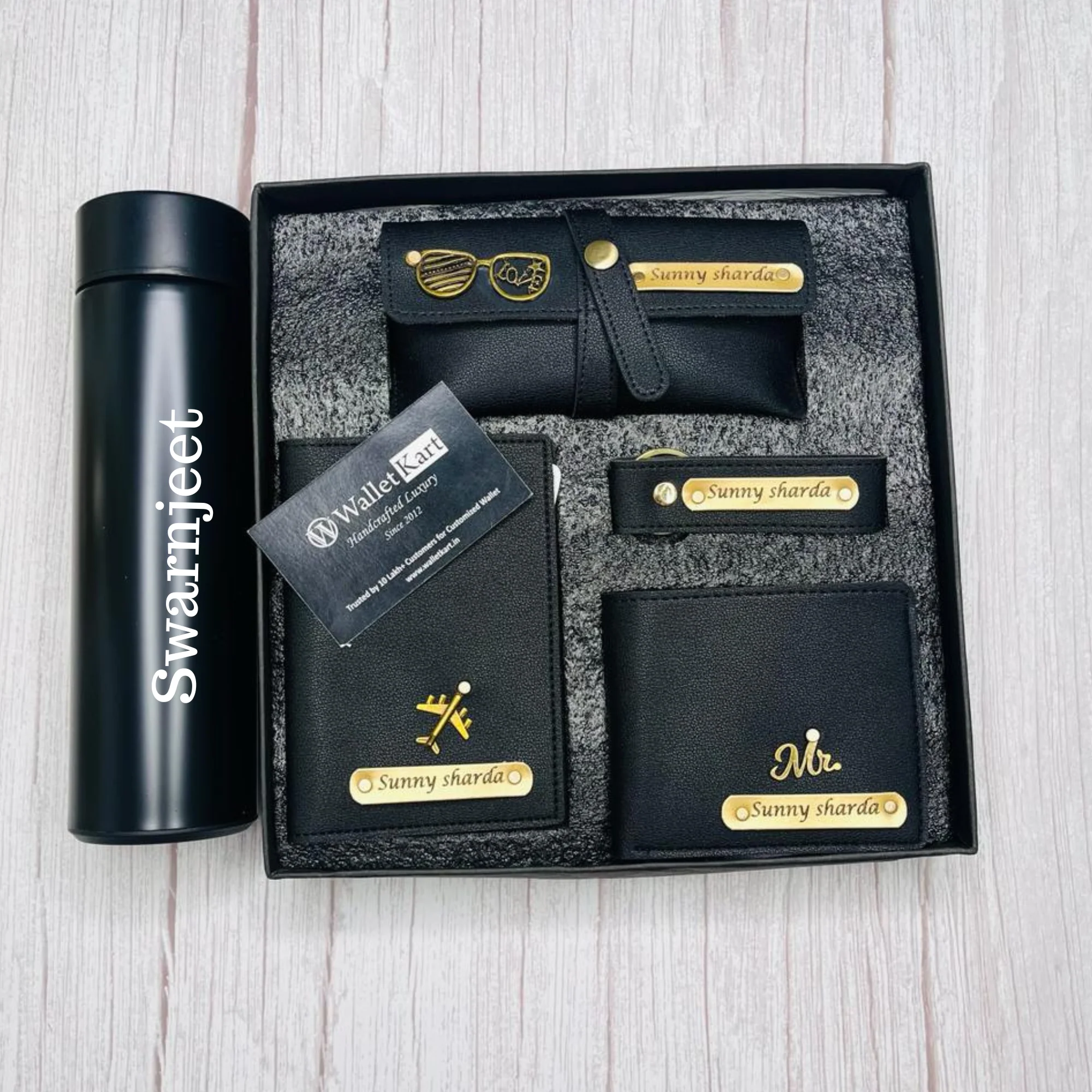 Personalized Men's Wallet, Keychain, Eyewear Case & Passport Cover, Temperature Bottle with Name. & Charm Gift Combo - Image 11