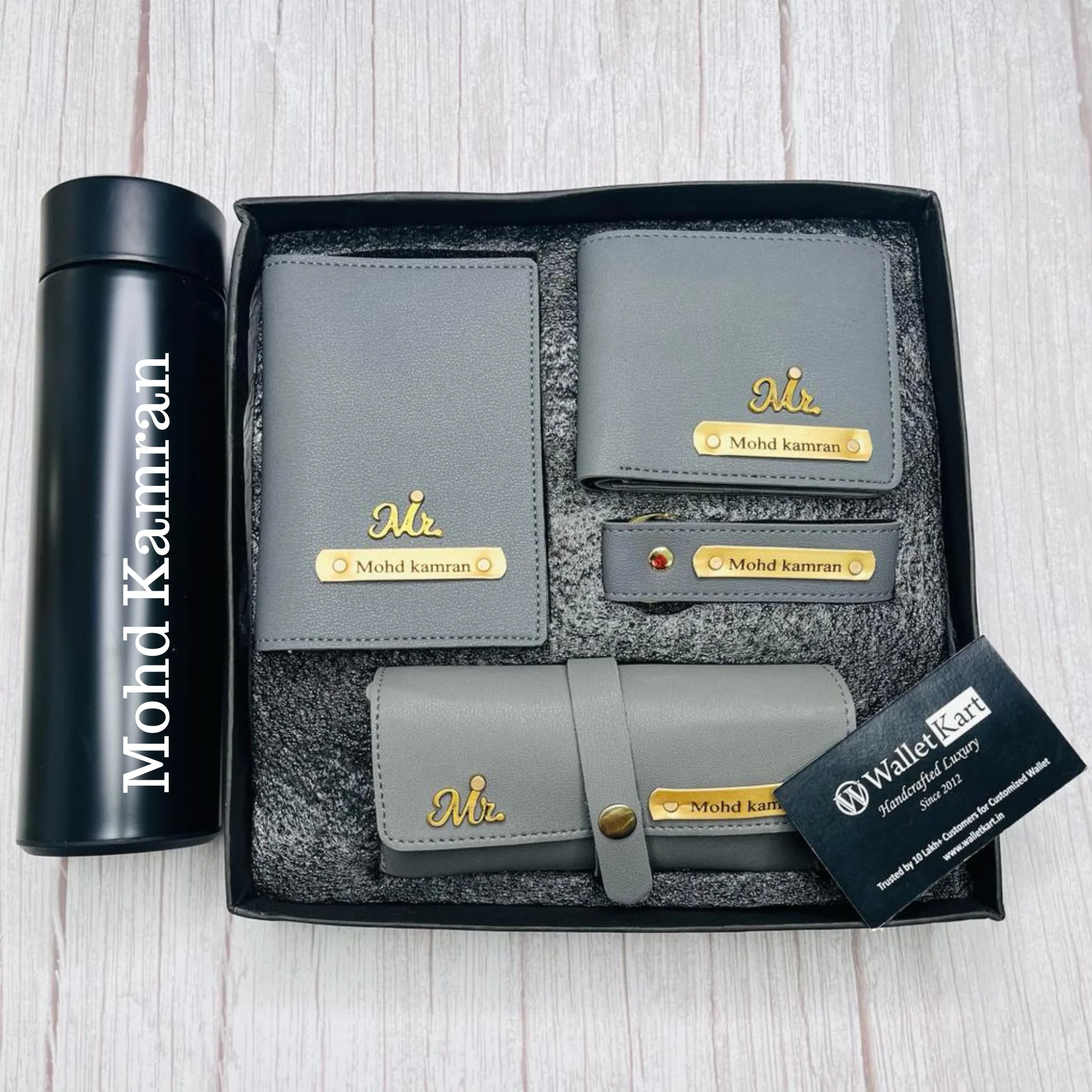 Personalized Men's Wallet, Keychain, Eyewear Case & Passport Cover, Temperature Bottle with Name. & Charm Gift Combo - Image 6