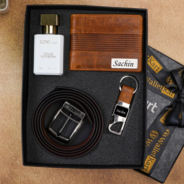 Personalised Name Engraved RFID Protected Genuine Leather Men’s Wallet 4 in 1 Gift Combo for Husband Boyfriend ON Birthday & Anniversary (STYLE ID #15)