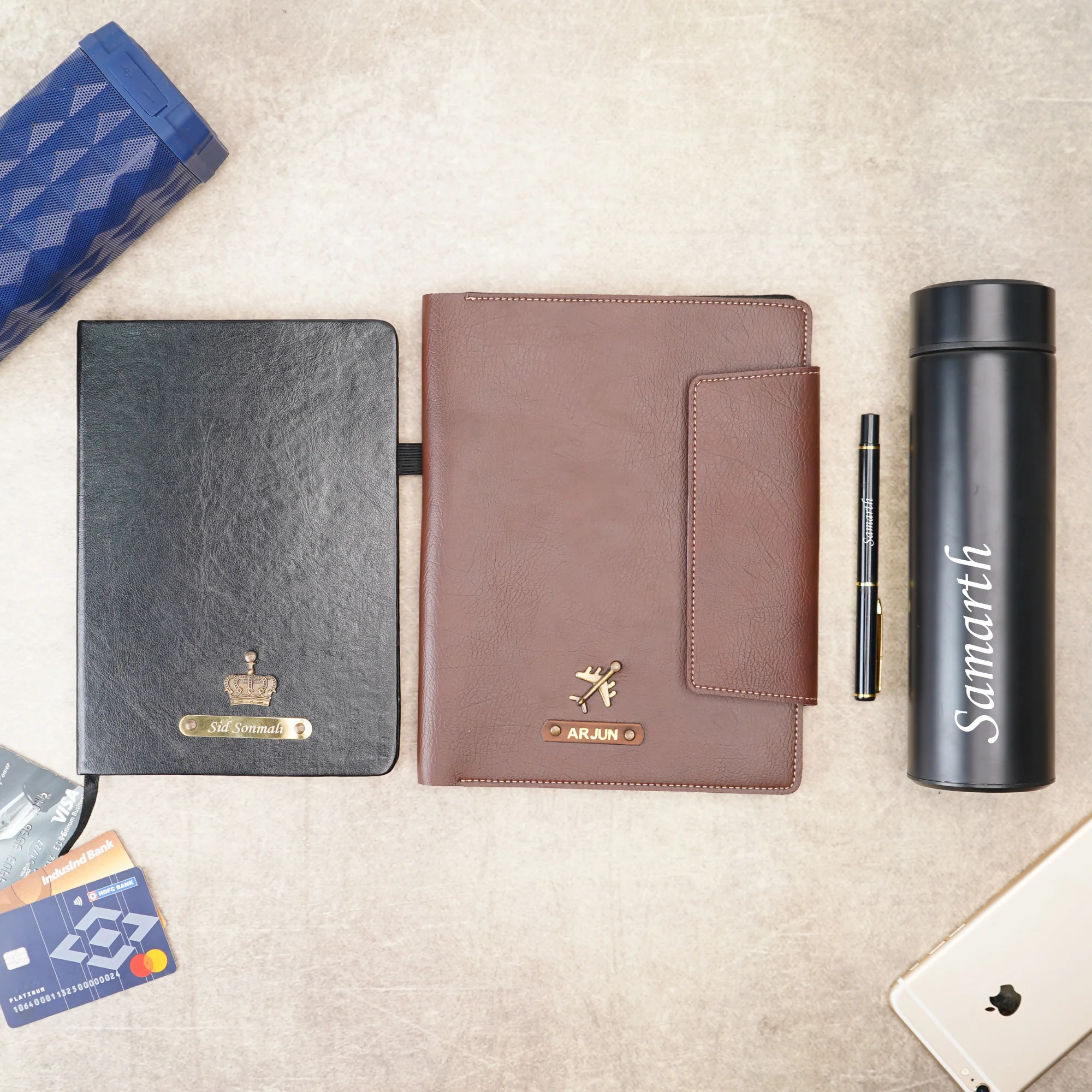 Customised Leather Diary Holder, Bottle,Pen & Diary | Customized with Name & Charm