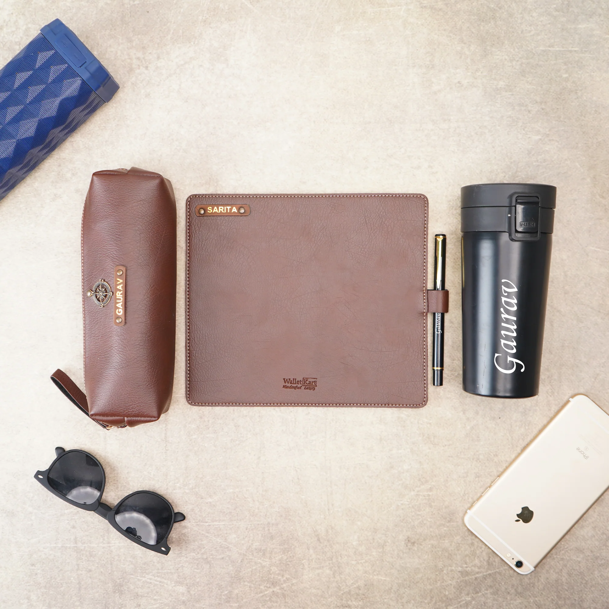 Customised Leather Leather Pouch, Travel Mug,Pen & Mouse Pad | Customized with Name & Charm