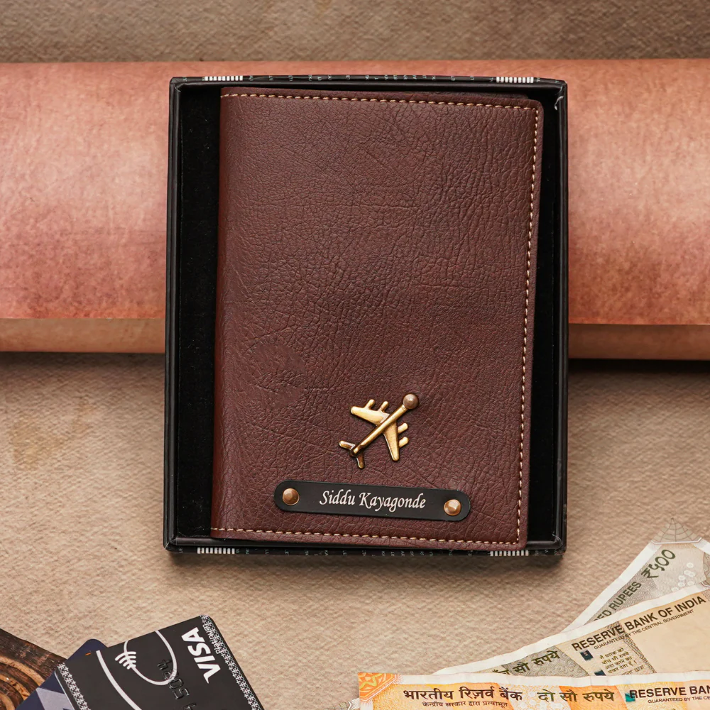 Customizable Leather Passport Cover Featuring Name & Charm on black metal strip - Image 3
