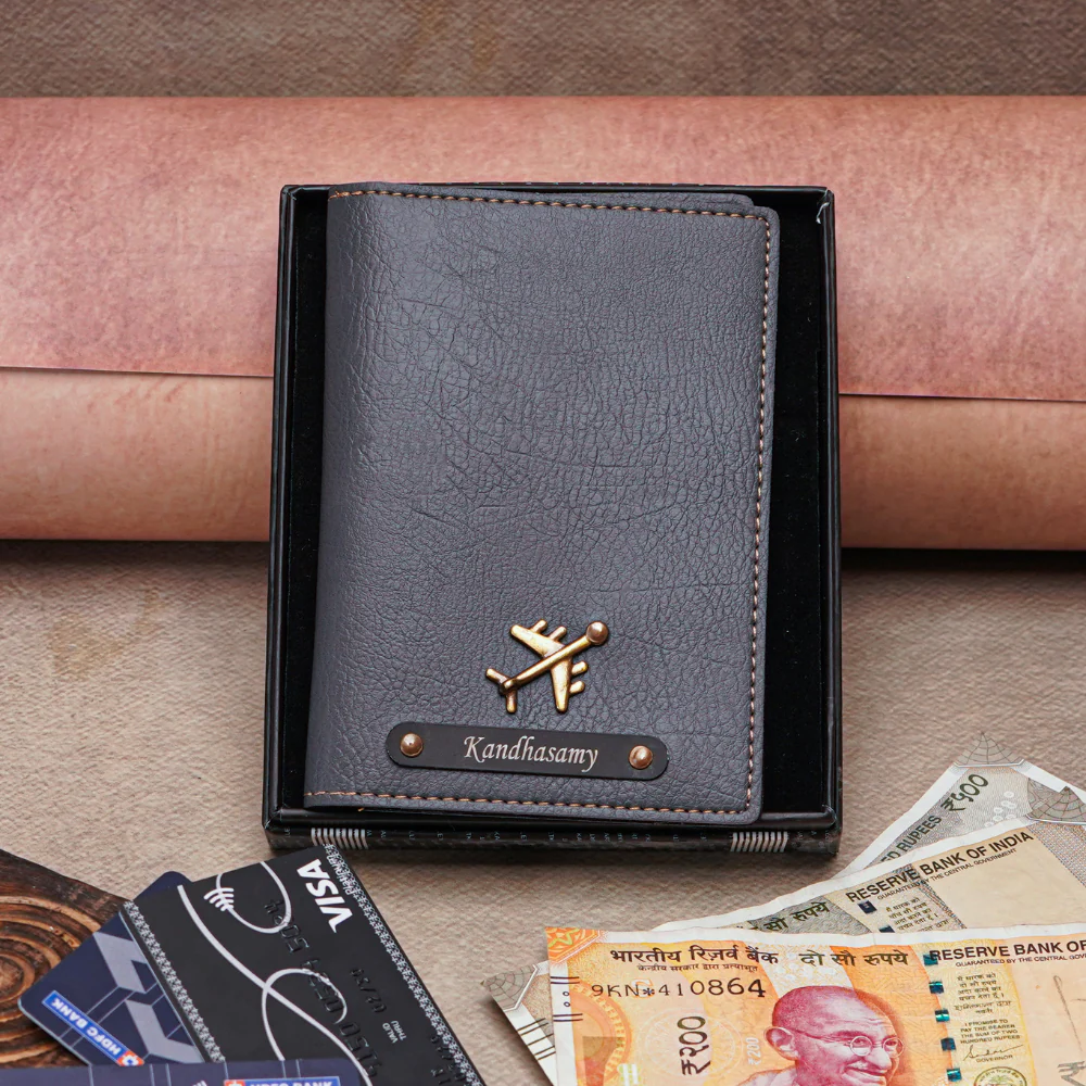 Customizable Leather Passport Cover Featuring Name & Charm on black metal strip - Image 4