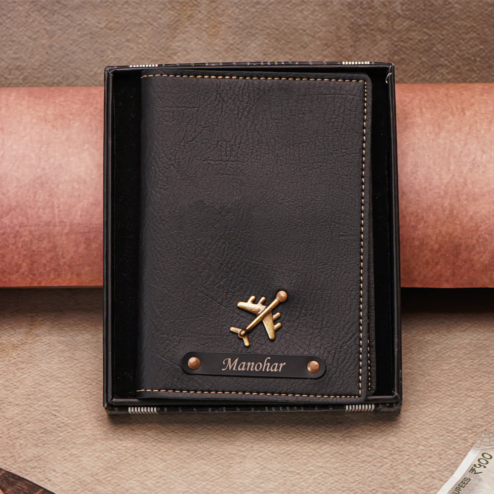 Customizable Leather Passport Cover Featuring Name & Charm on black metal strip - Image 5