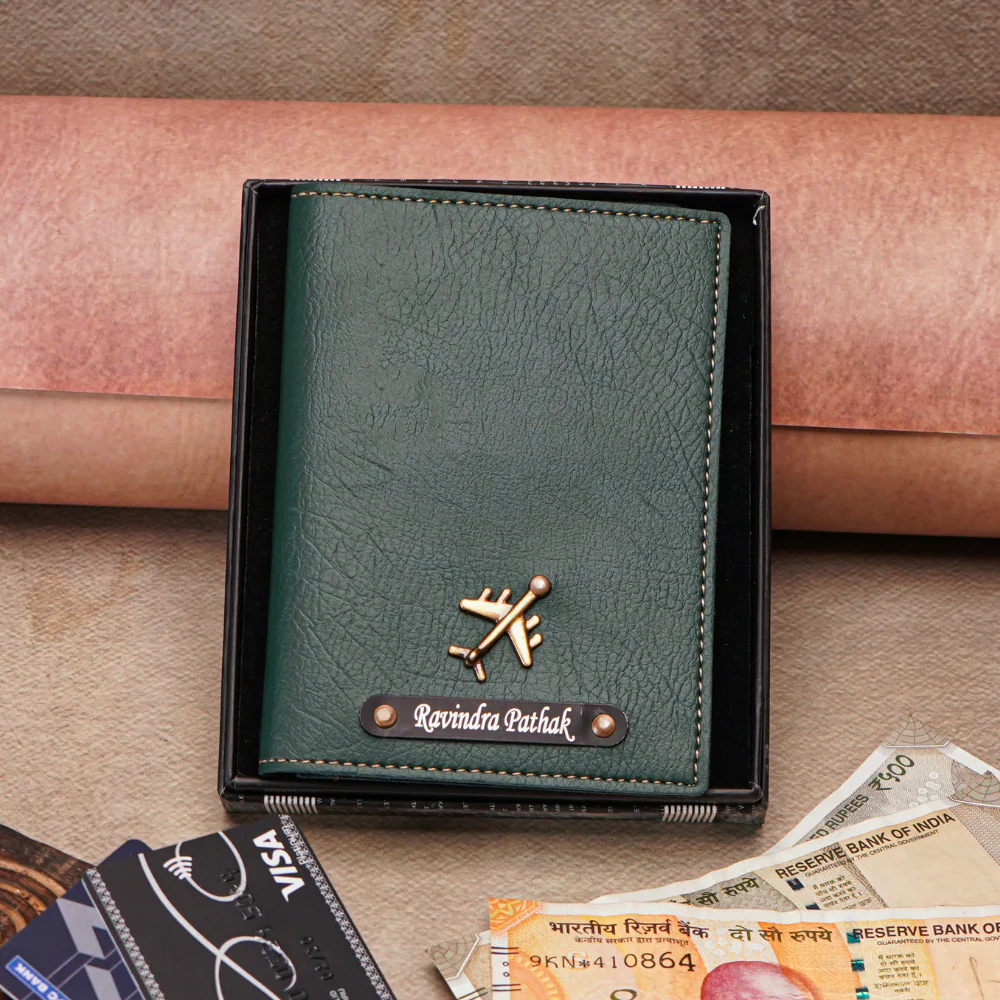Customizable Leather Passport Cover Featuring Name & Charm on black metal strip - Image 6