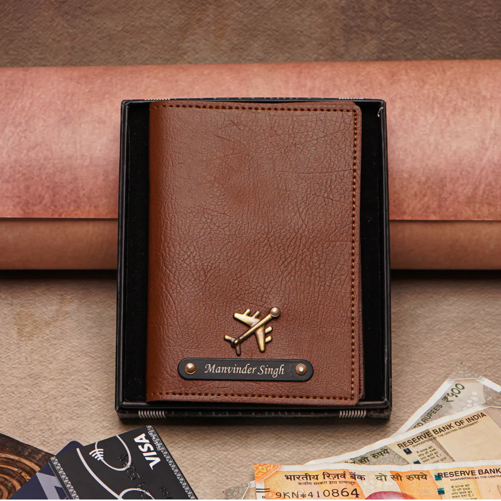 Customizable Leather Passport Cover Featuring Name & Charm on black metal strip - Image 7