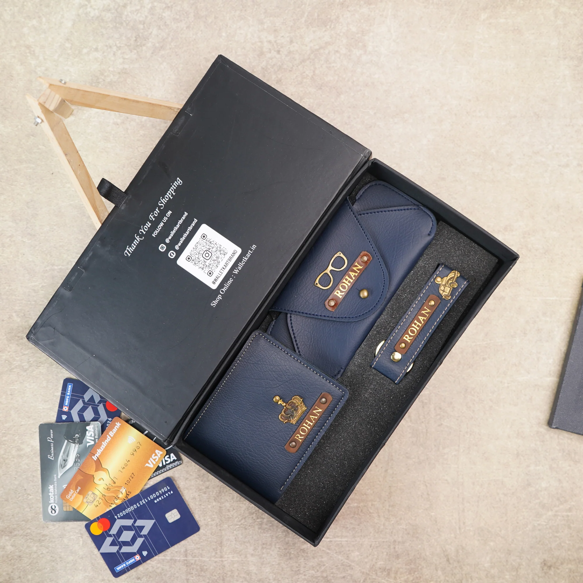 Personalised 3-in-1 Leather's Wallet, Eyewear Case & Keychain with Golden Foil Name Strip & Charm For Boyfriend, Husband & Father On Birthday and Anniversary