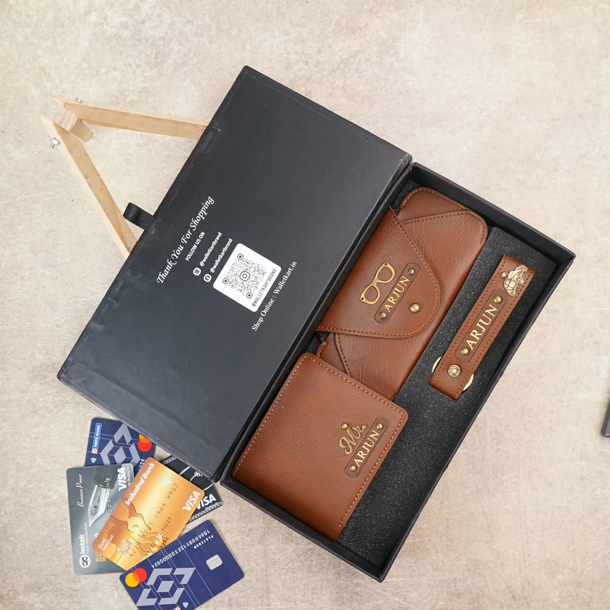 Personalised 3-in-1 Leather's Wallet, Eyewear Case & Keychain with Golden Foil Name Strip & Charm For Boyfriend, Husband & Father On Birthday and Anniversary - Image 3