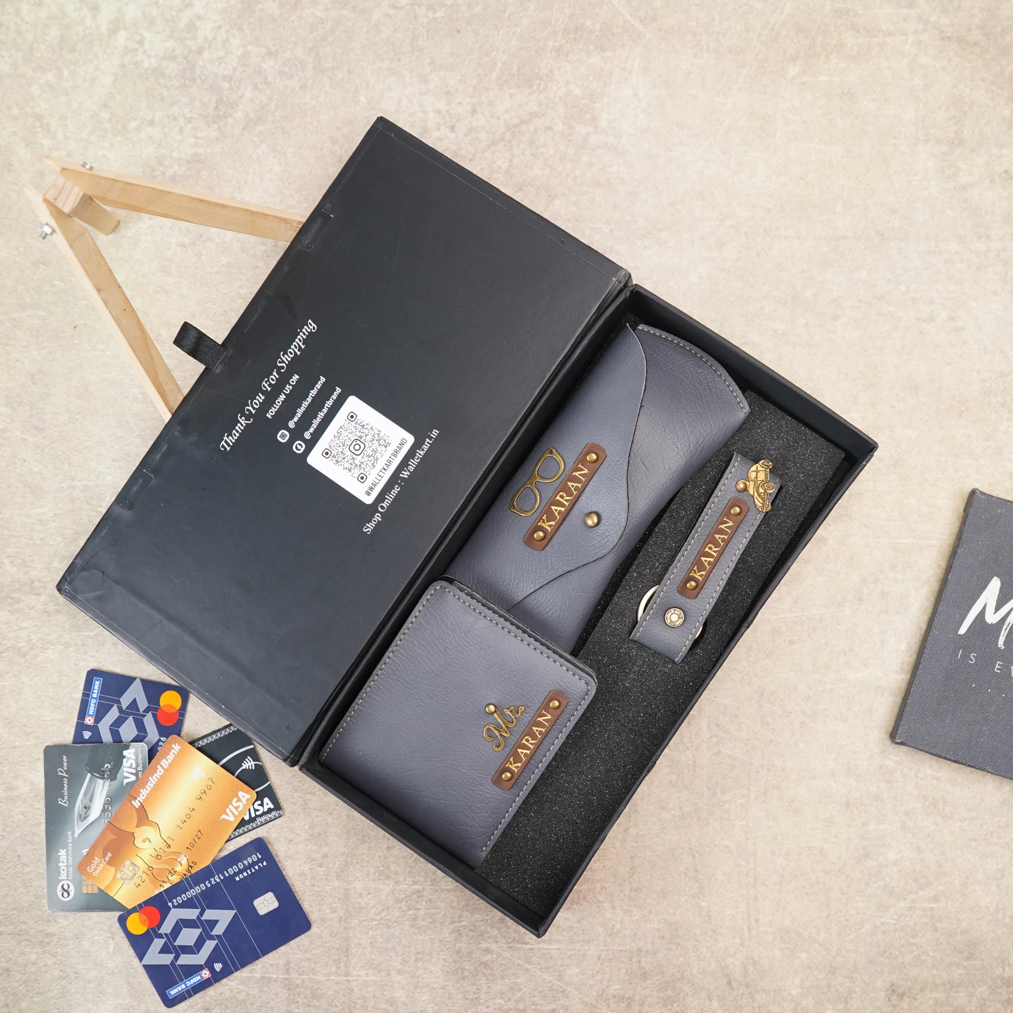 Personalised 3-in-1 Leather's Wallet, Eyewear Case & Keychain with Golden Foil Name Strip & Charm For Boyfriend, Husband & Father On Birthday and Anniversary - Image 4