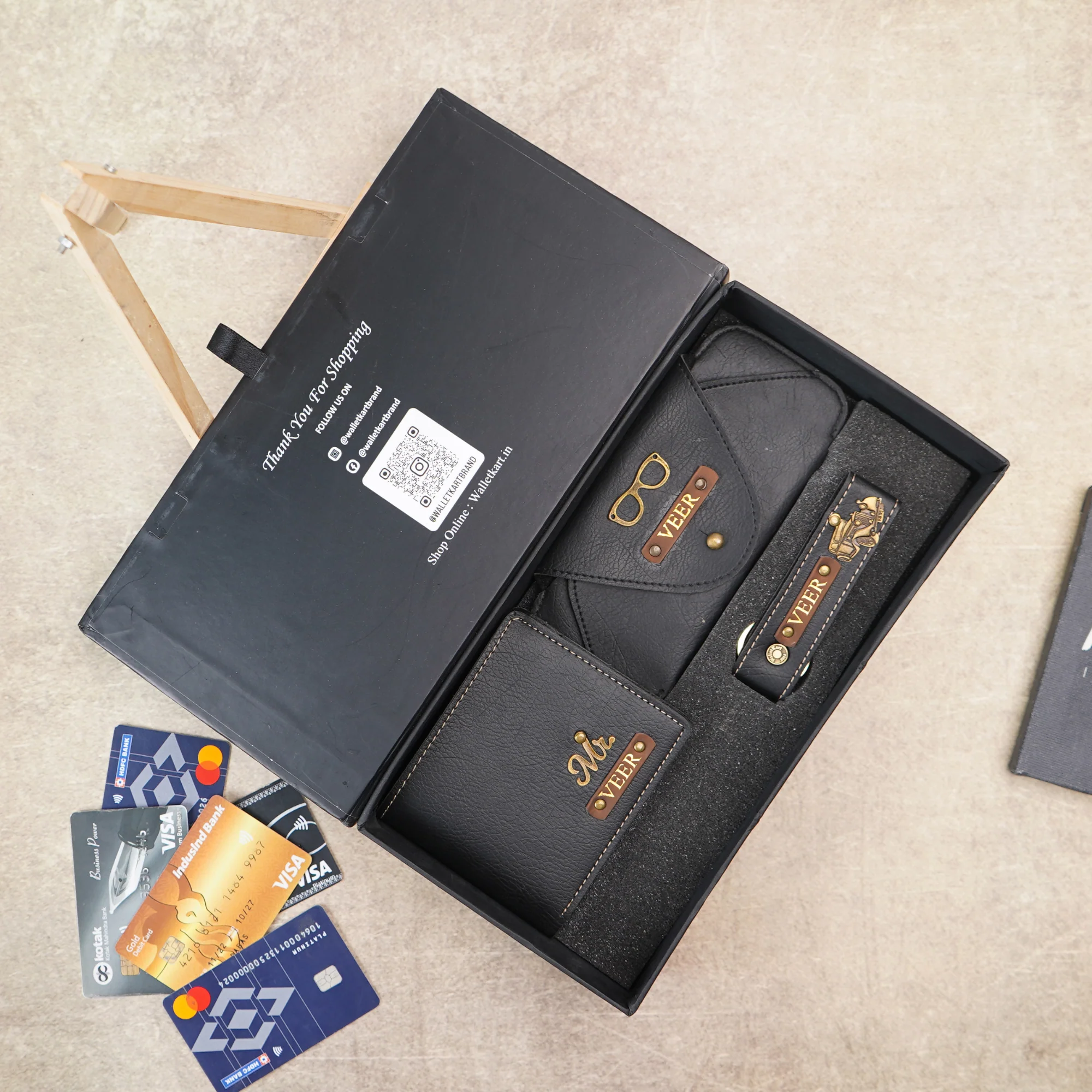 Personalised 3-in-1 Leather's Wallet, Eyewear Case & Keychain with Golden Foil Name Strip & Charm For Boyfriend, Husband & Father On Birthday and Anniversary - Image 5