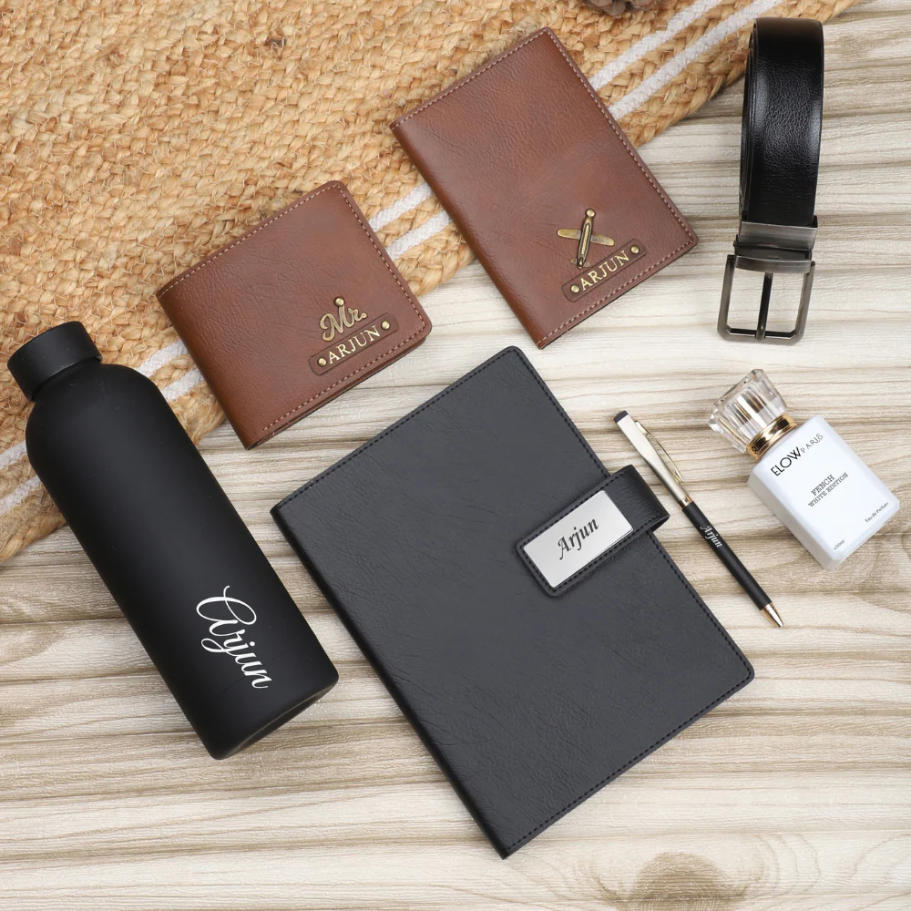 Personalised 7-in-1 Men's Wallet, Passport Cover with Golden Foil Name Strip & Charm and Dairy, Pen, Perfume, Belt & H2GO Bottle For Boyfriend, Husband & Father On Birthday and Anniversary - Image 6