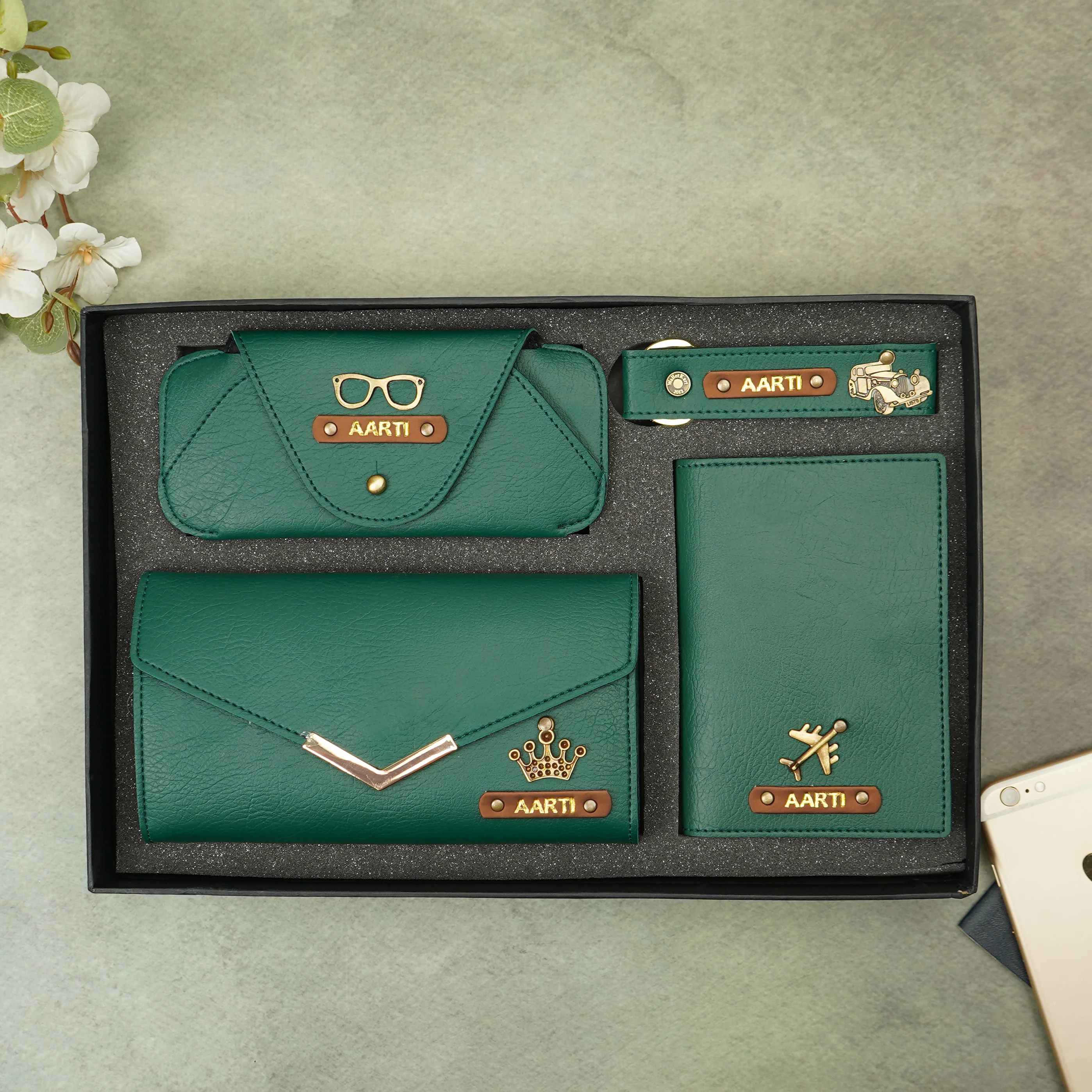 Perfect Personalized 4 in 1 Gift for Her – Clutch, Keychain, Passport Holder & Eyewear Case with Name & Charm - Image 4