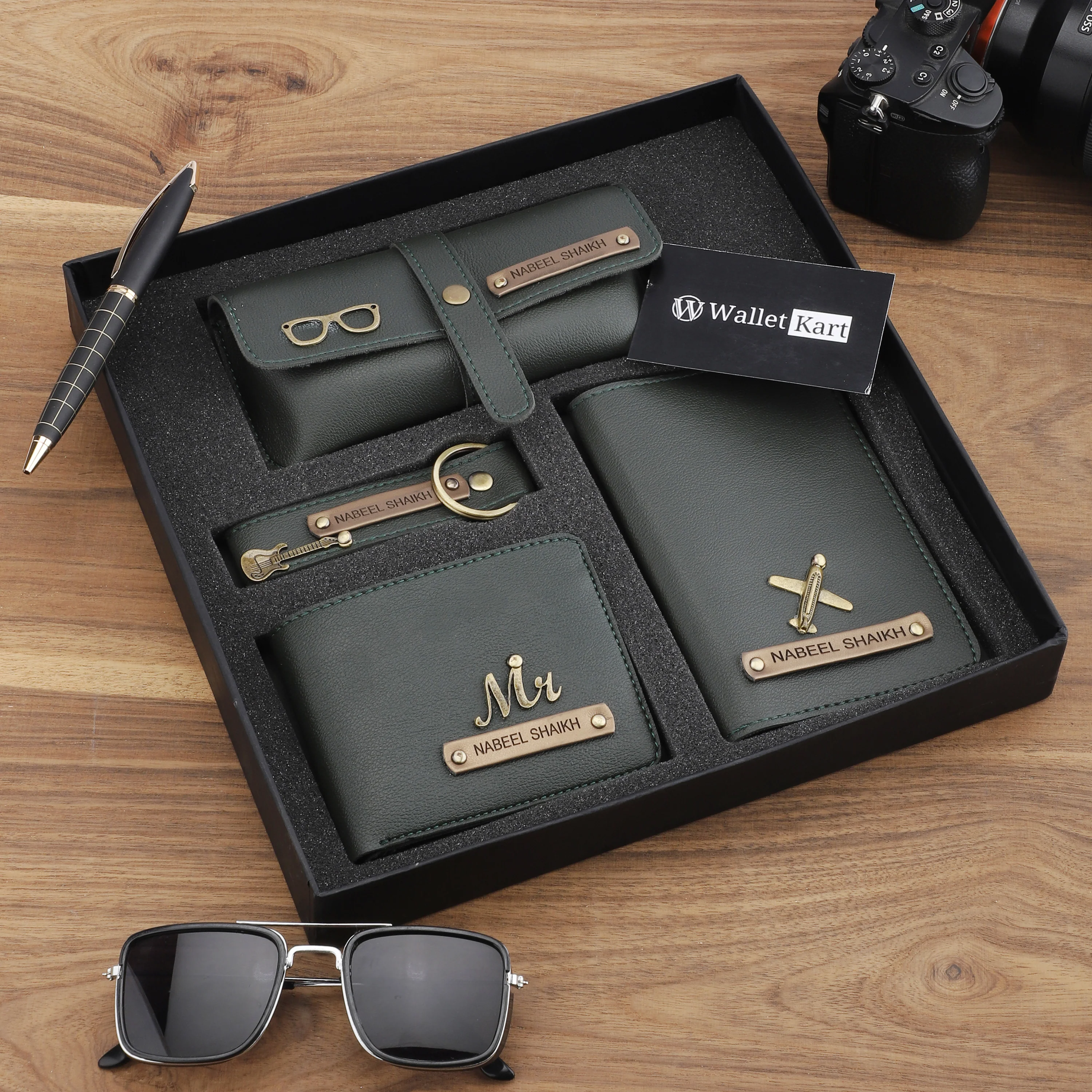 Personalized Men's Wallet, Keychain, Eyewear Case & Passport Cover with Name. & Charm Gift Combo - Image 8