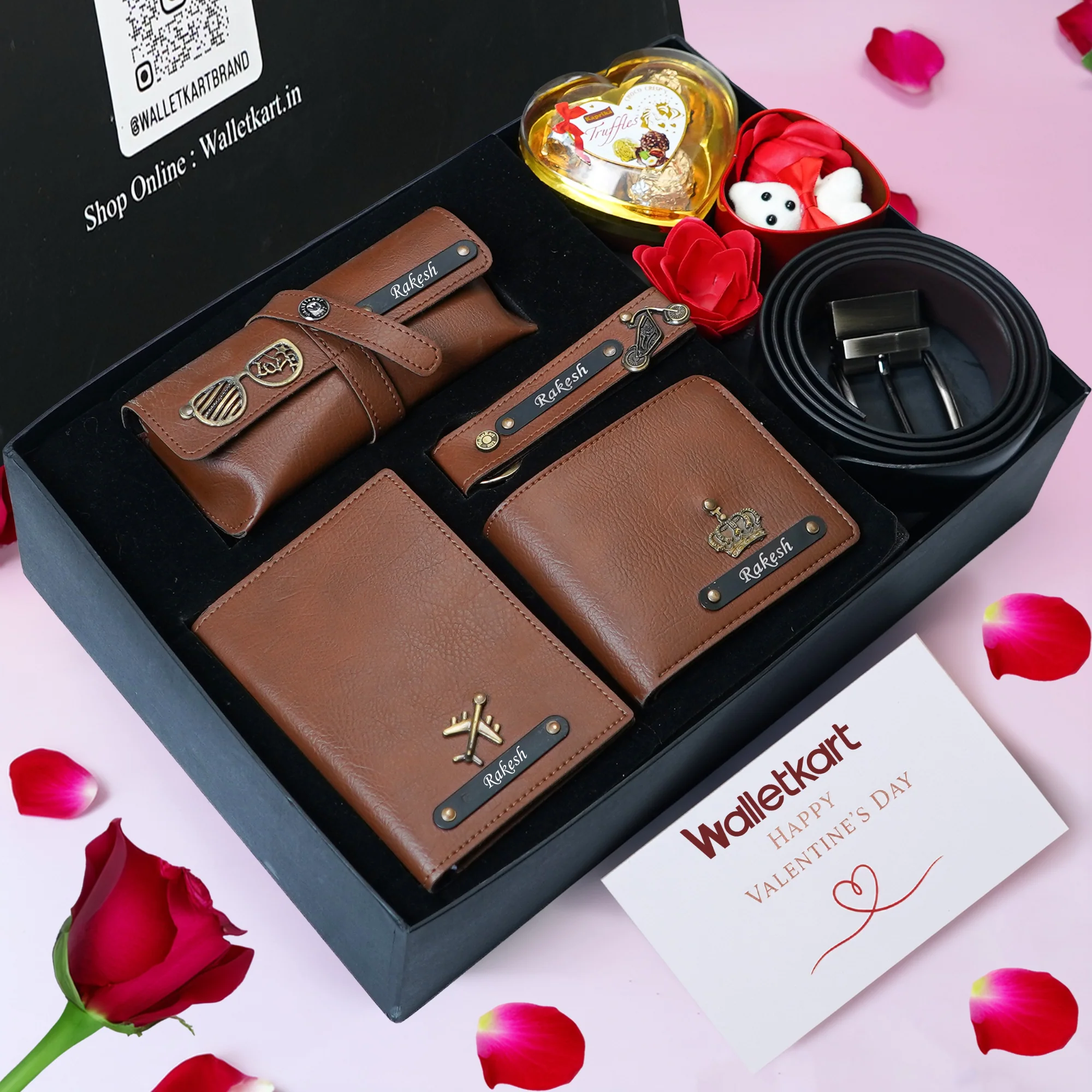 Personalised Valentine Gift Set For Boyfriend Husband – Men's Wallet, Passport Cover, Belt, Eyewear Case, Keychain, Teddy & Chocolates - Image 4