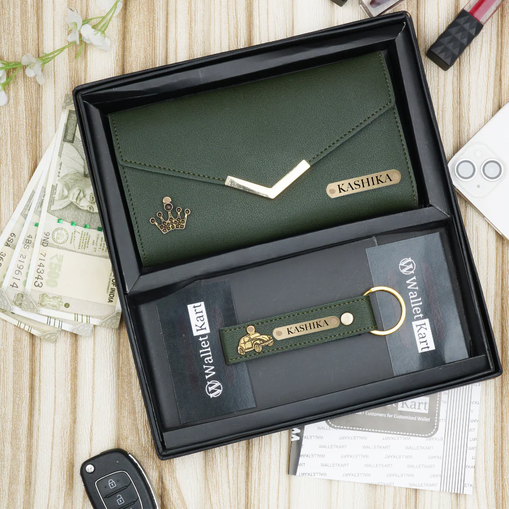 Personalised Women's Leather Clutch & Keychain Combo With Name & Charm Gift Combo for Girlfriend, Wife, Mother & Sister - Image 10