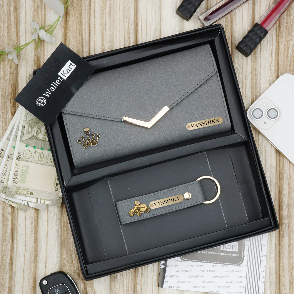 Personalised Women's Leather Clutch & Keychain Combo With Name & Charm Gift Combo for Girlfriend, Wife, Mother & Sister - Image 11
