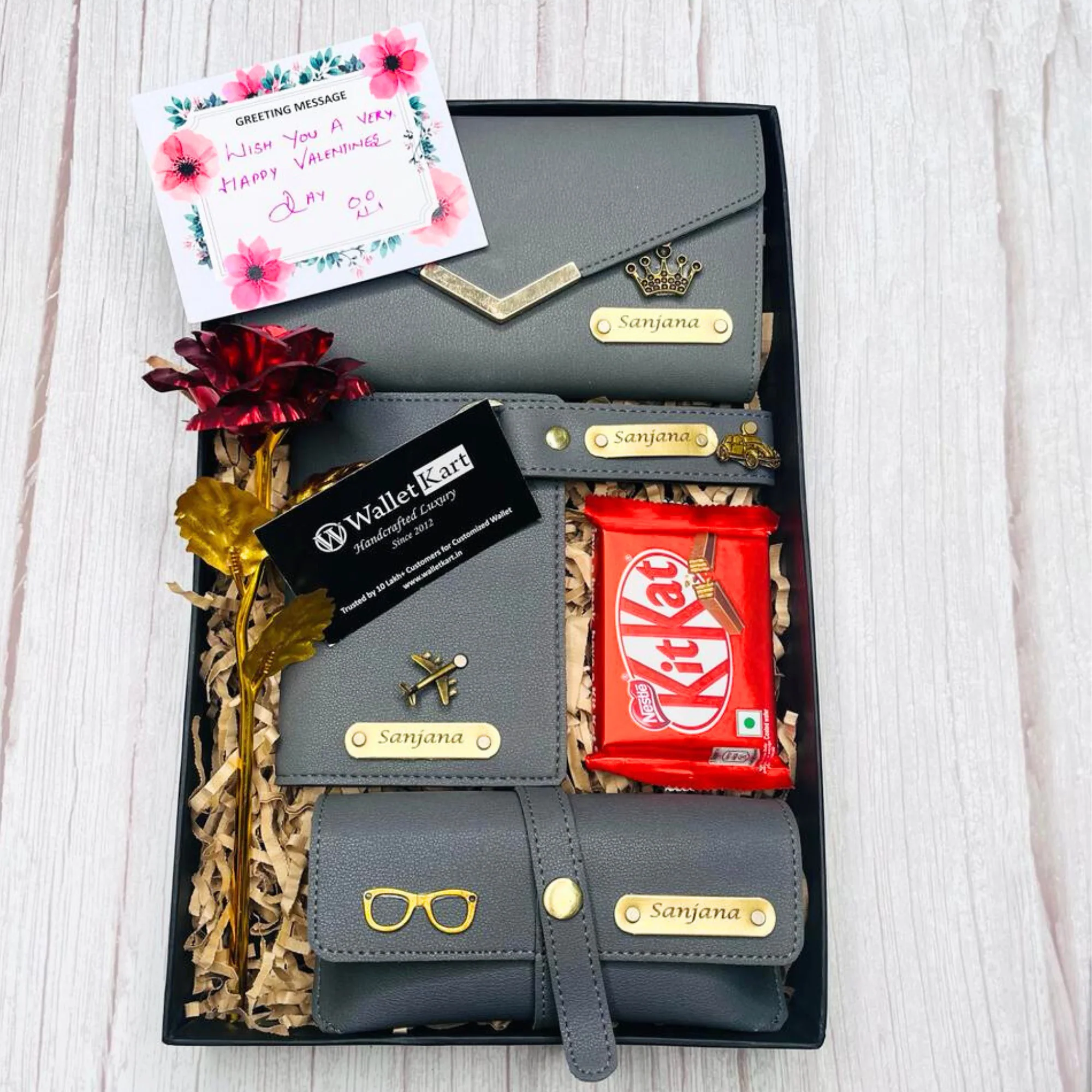 Personalized Valentine's Women's Clutch, Keychain, Passport Cover, Eyewear Case, Flower, Kitkat and Greeting card with Name and Charm ( 7 in 1 Combo ) Special Gift Combo for Birthday and Anniversary - Image 9
