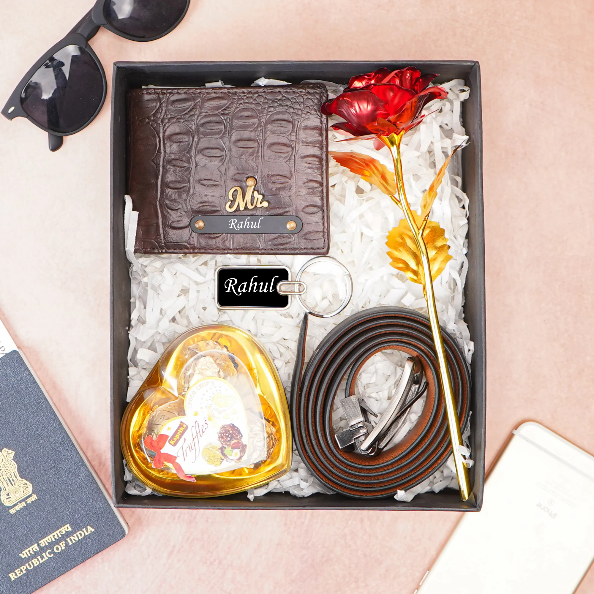 WalletKart Personalized Crocodile Leather Name Engraved 's Wallet, Belt , Keychain, Rose & Chocolate Customized (5-in-1 Combo Husband Father & Sonon &