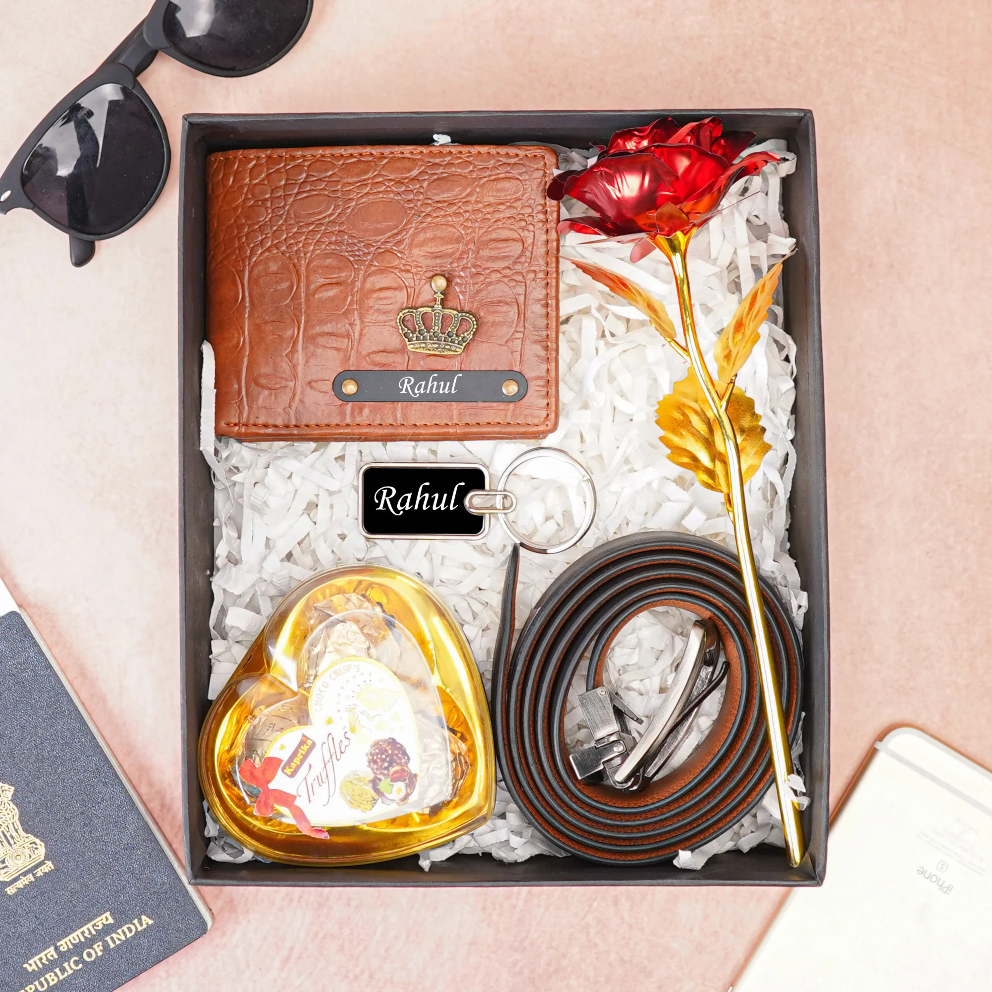 WalletKart Personalized Crocodile Leather Name Engraved 's Wallet, Belt , Keychain, Rose & Chocolate Customized (5-in-1 Combo Husband Father & Sonon & - Image 3