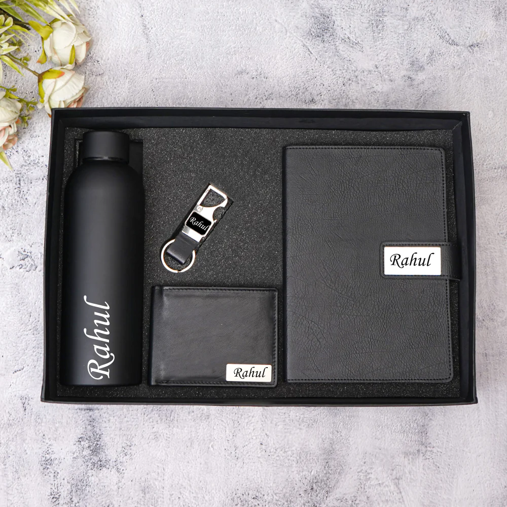 Personalized Genuine Leather Name Men's Wallet, Metal Keychain, Diary and H2GO Bottle | Customised (4 in 1) Gift Combo (STYLE ID #21) - Image 2