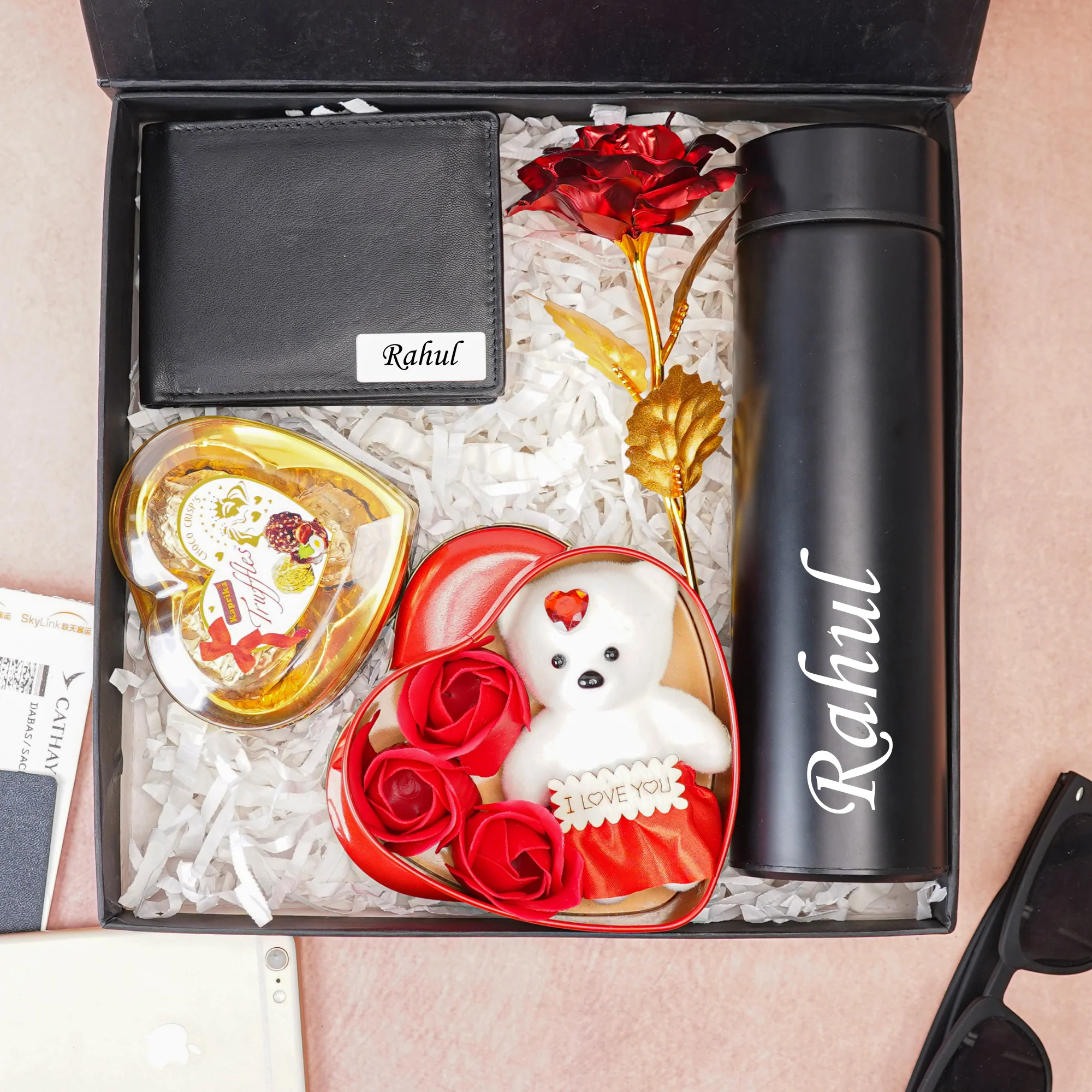 WalletKart Personalized Genuine Leather Name 's Wallet , Rose, Chocolate , Teddy Bear and Temp. Bottle Customised (5 in 1) Combo Husband on & (STYLE ID #21)