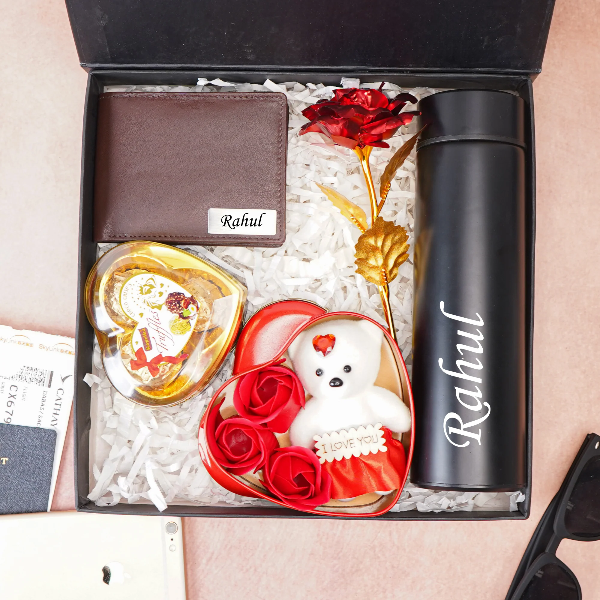WalletKart Personalized Genuine Leather Name 's Wallet , Rose, Chocolate , Teddy Bear and Temp. Bottle Customised (5 in 1) Combo Husband on & (STYLE ID #21) - Image 2