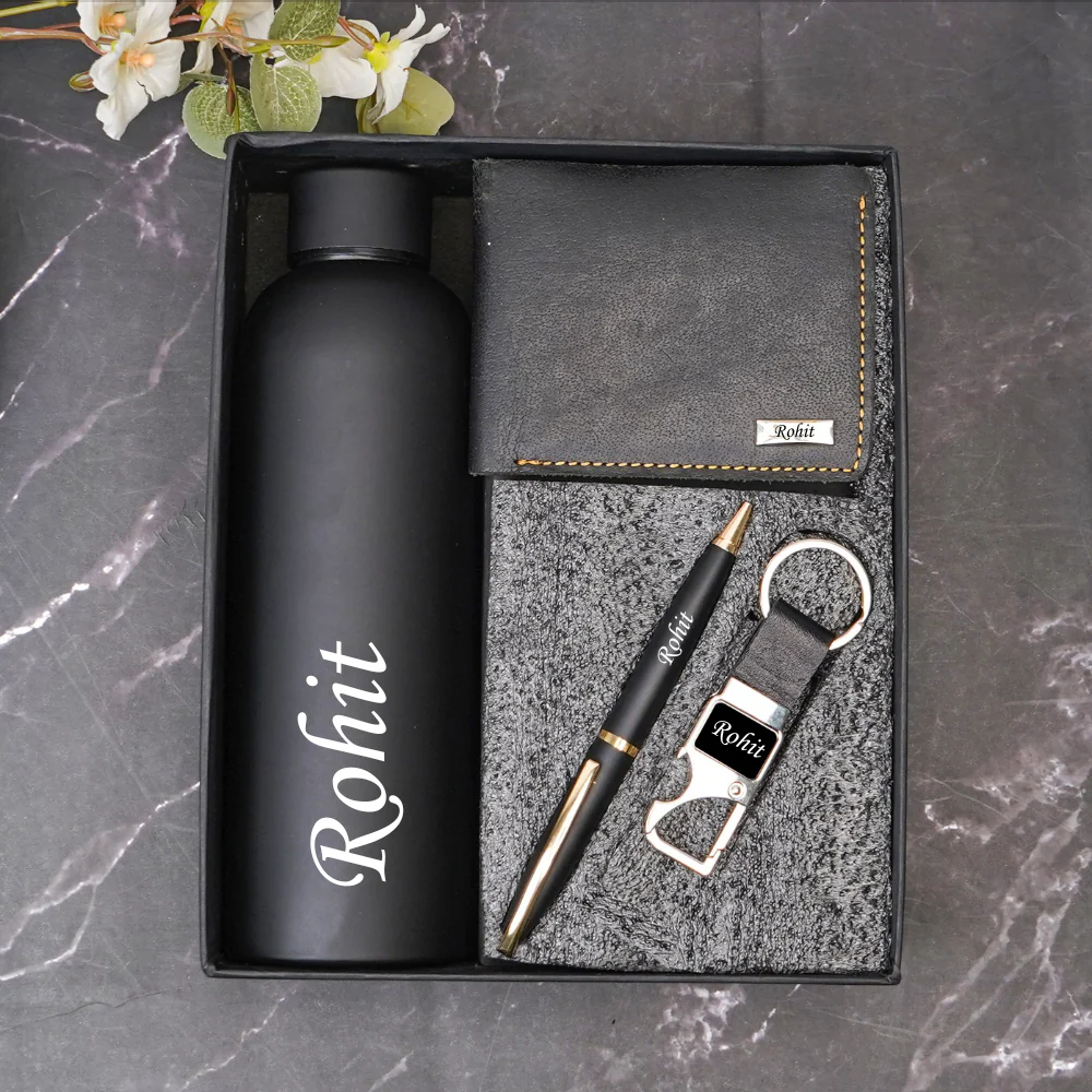 Personalized Handcrafted Name Engraved Wallet , Snaphook, Pen & H2GO Bottle | 4-in-1 Gift Combo – for Boyfriend Husband on Birthday & Anniversary (Style ID #17)