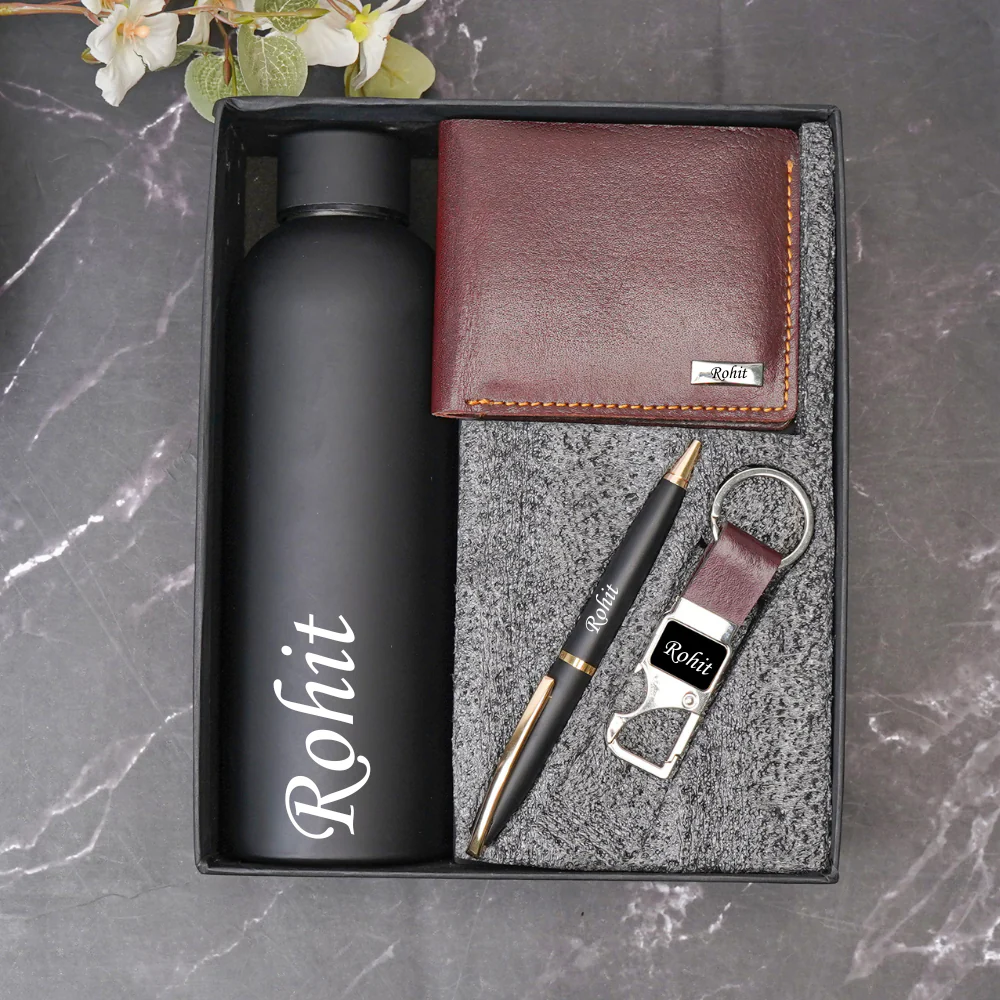 Personalized Handcrafted Name Engraved Wallet , Snaphook, Pen & H2GO Bottle | 4-in-1 Gift Combo – for Boyfriend Husband on Birthday & Anniversary (Style ID #17) - Image 3