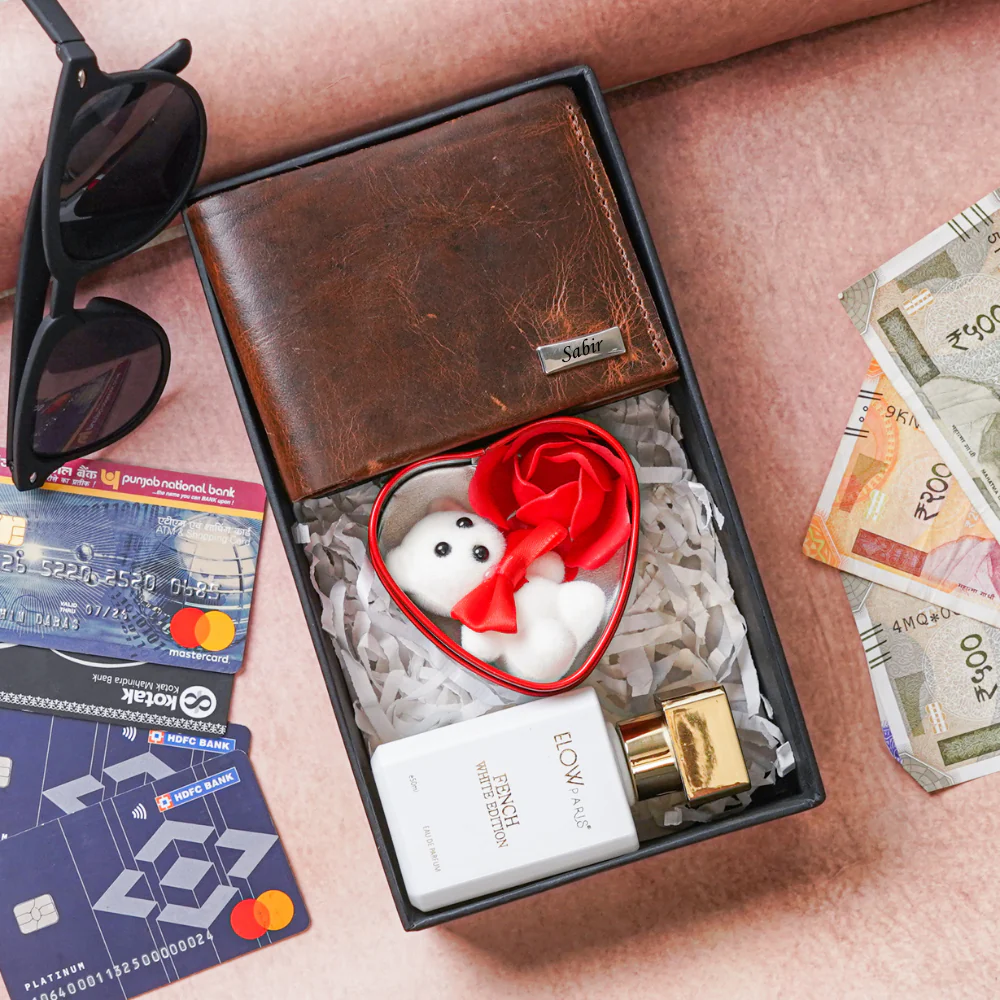 Handmade Leather Name Wallet for Men, Perfume & Teddy Bear | 3 IN 1 Gift Combo for him (Style Id #23) - Image 10