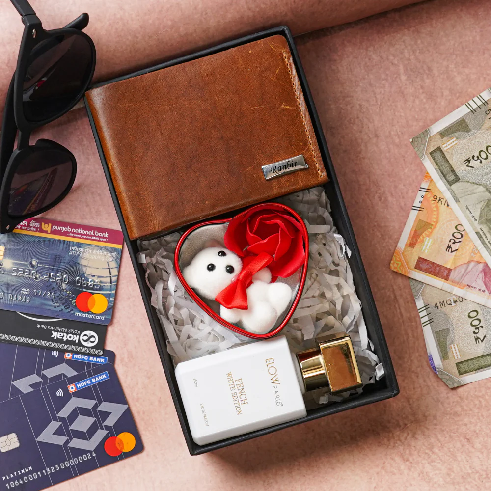 Handmade Leather Name Wallet for Men, Perfume & Teddy Bear | 3 IN 1 Gift Combo for him (Style Id #23) - Image 11