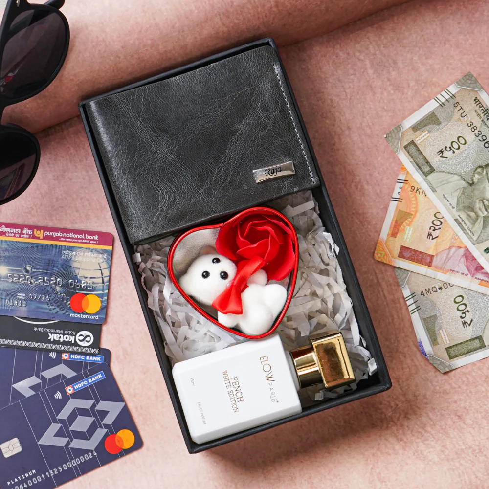 Handmade Leather Name Wallet for Men, Perfume & Teddy Bear | 3 IN 1 Gift Combo for him (Style Id #23) - Image 4