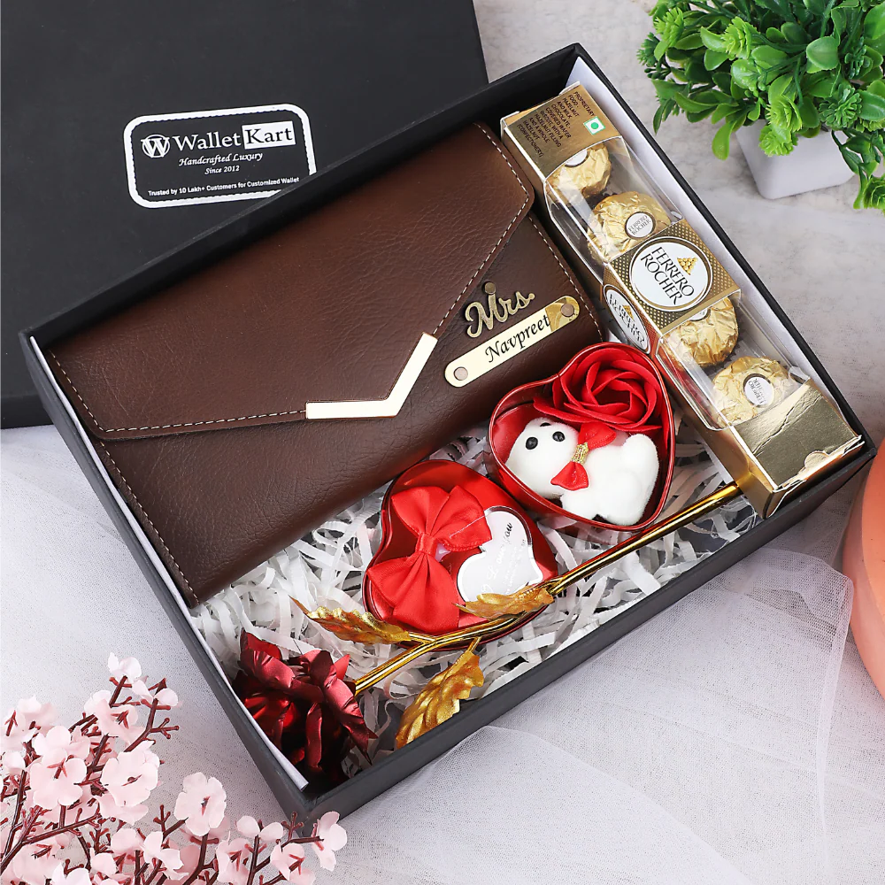 Personalized Gift Set for Her – Engraved Leather Clutch, Teddy, Red Rose & Chocolate (4-in-1 Combo) - Image 5