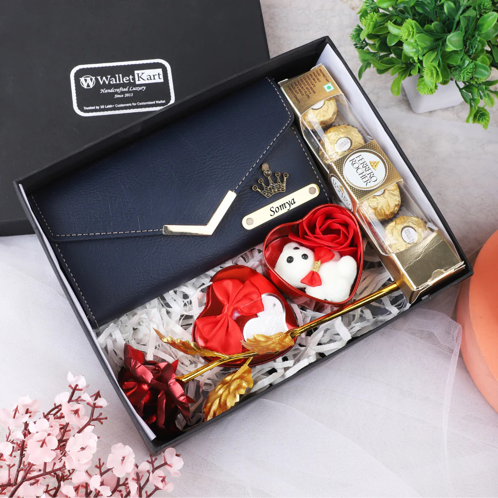 Personalized Gift Set for Her – Engraved Leather Clutch, Teddy, Red Rose & Chocolate (4-in-1 Combo) - Image 6