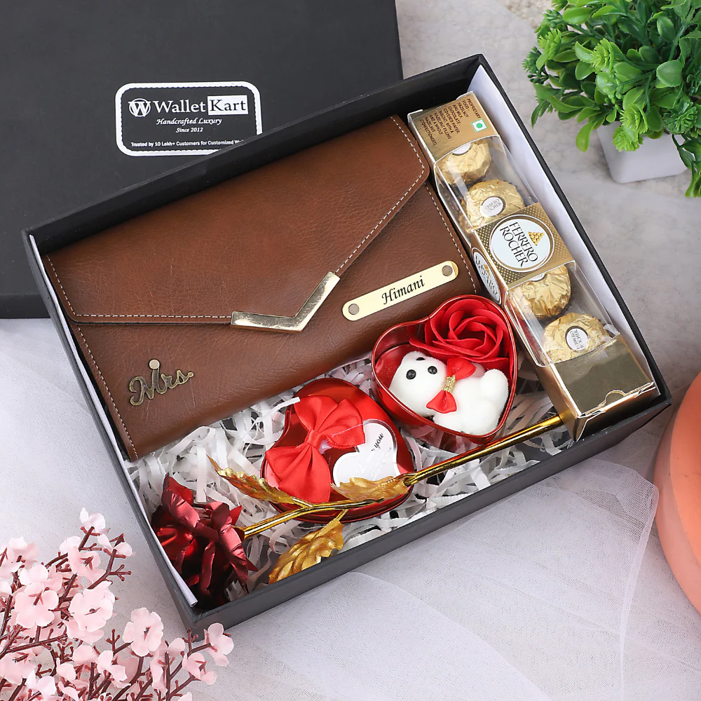 Personalized Gift Set for Her – Engraved Leather Clutch, Teddy, Red Rose & Chocolate (4-in-1 Combo) - Image 7