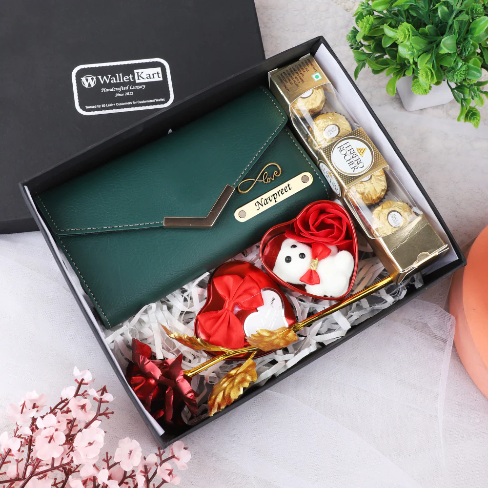 Personalized Gift Set for Her – Engraved Leather Clutch, Teddy, Red Rose & Chocolate (4-in-1 Combo) - Image 8