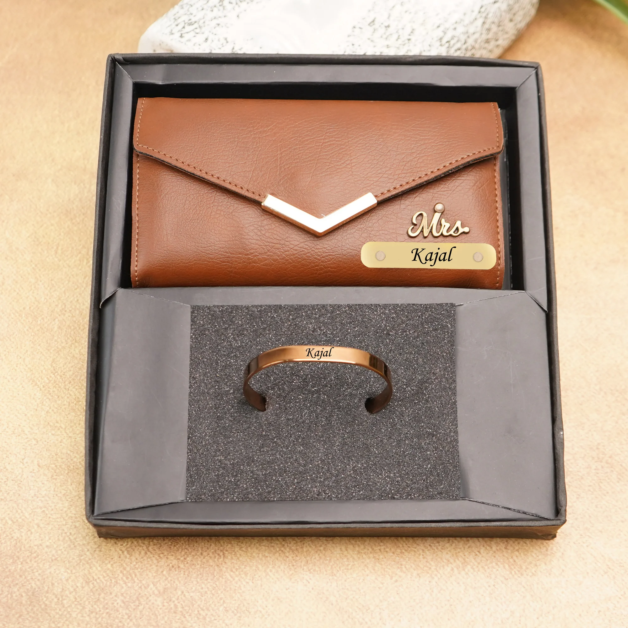 Personalized Leather Name Clutch & Bracelet Combo | Elegant Gift for Women like Girlfriend | Wife