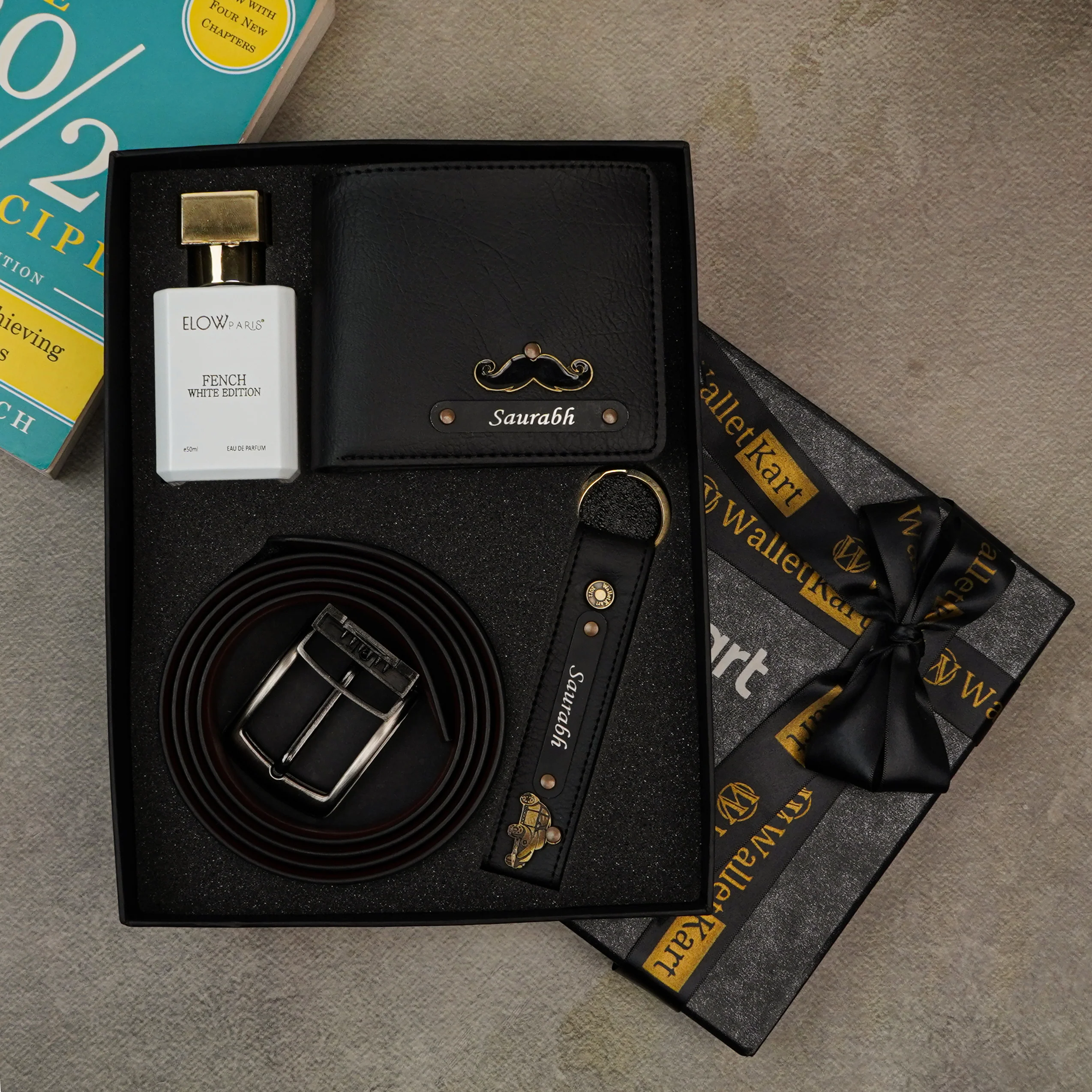 Personalised 4-in-1 Leather Men's Wallet, Keychain with Engraved Black Plate With Name and Charm and Belt & Perfume For Boyfriend, Husband & Father On Birthday and Anniversary