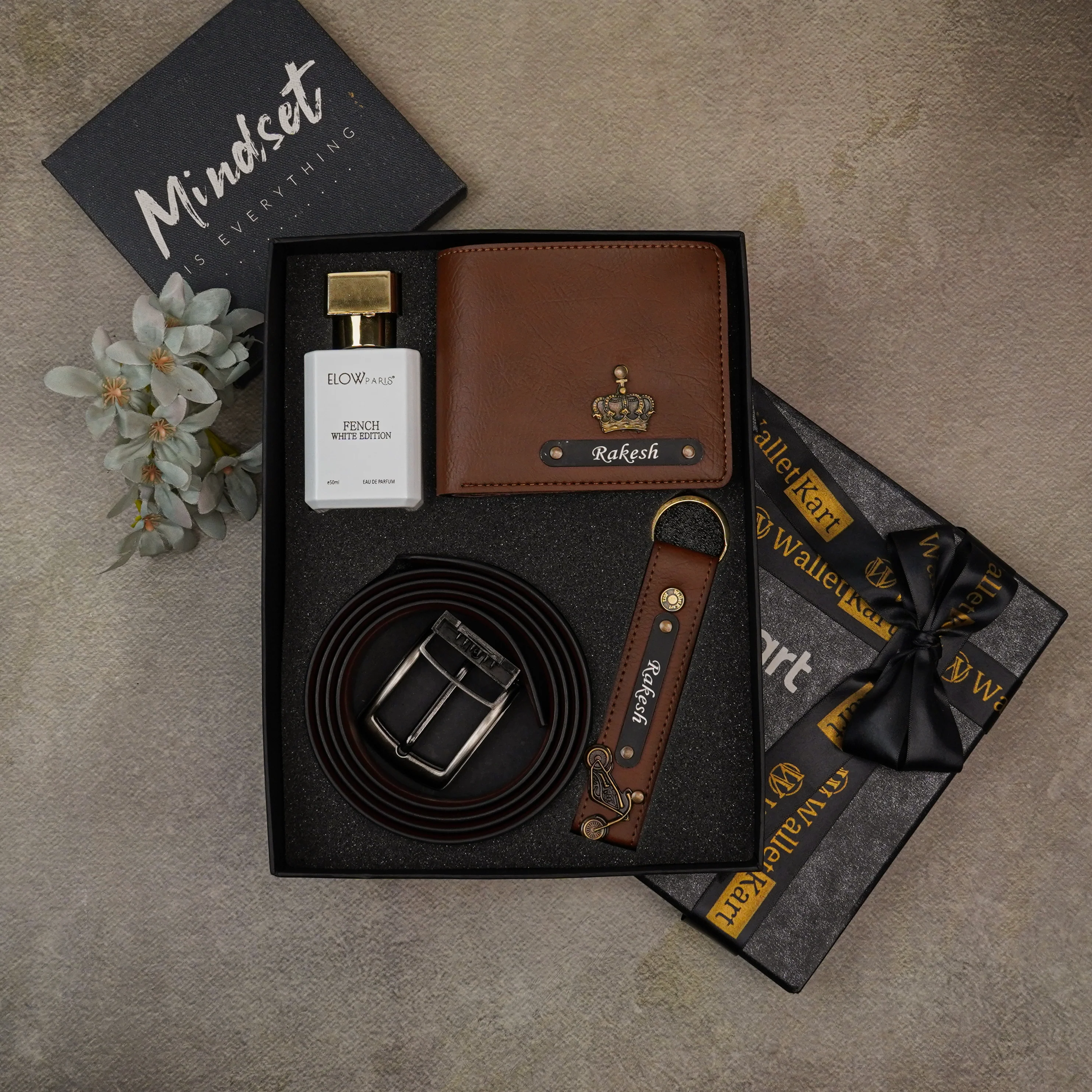 Personalised 4-in-1 Leather Men's Wallet, Keychain with Engraved Black Plate With Name and Charm and Belt & Perfume For Boyfriend, Husband & Father On Birthday and Anniversary - Image 3
