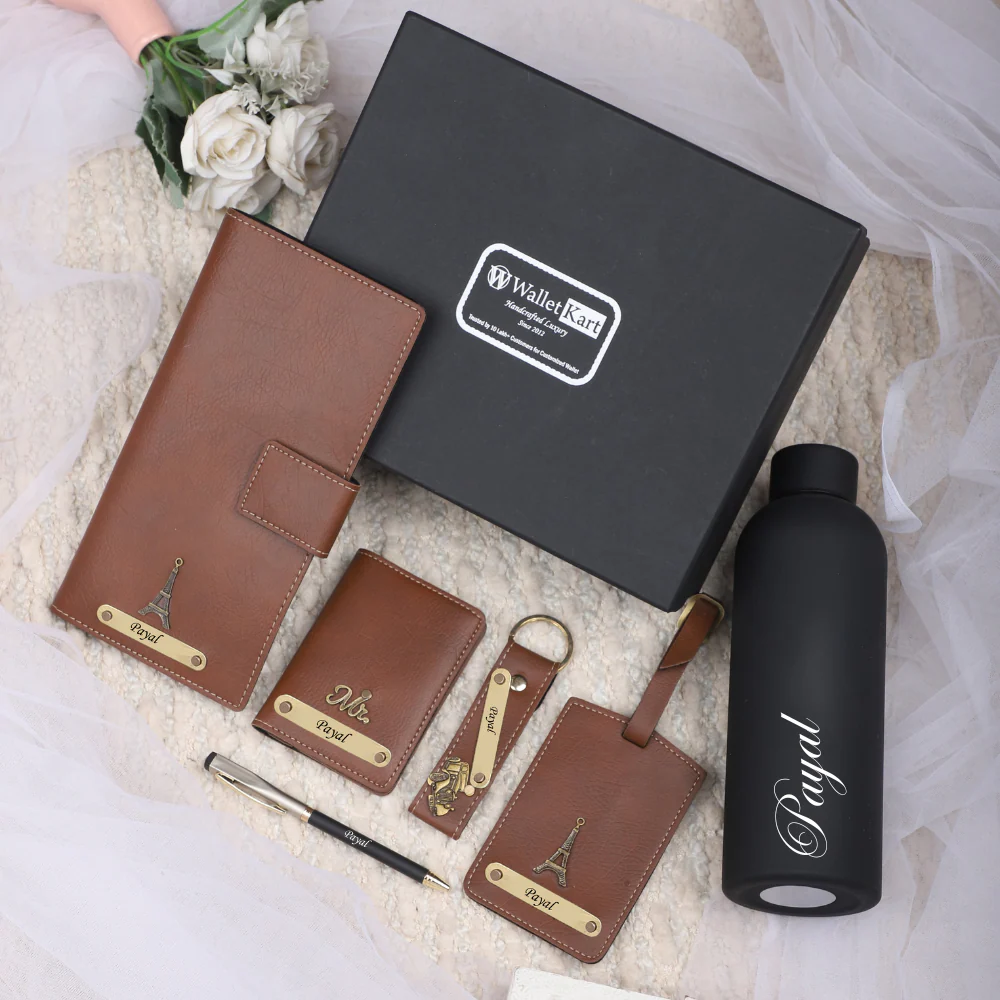Personalized Leather Men's Card Holder,Keychain,Luggage Tag,Travel Wallet,Pen and H2GO Bottle Engraved Golden Name Plate With Name and Charm | Customised 6 In 1 Gift Combo For Boyfriend Husband & Father On Birthday and Anniversary - Image 5