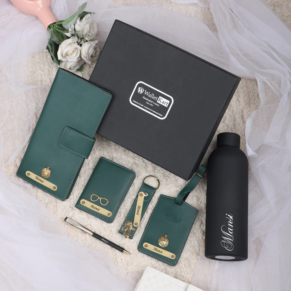Personalized Leather Men's Card Holder,Keychain,Luggage Tag,Travel Wallet,Pen and H2GO Bottle Engraved Golden Name Plate With Name and Charm | Customised 6 In 1 Gift Combo For Boyfriend Husband & Father On Birthday and Anniversary - Image 7