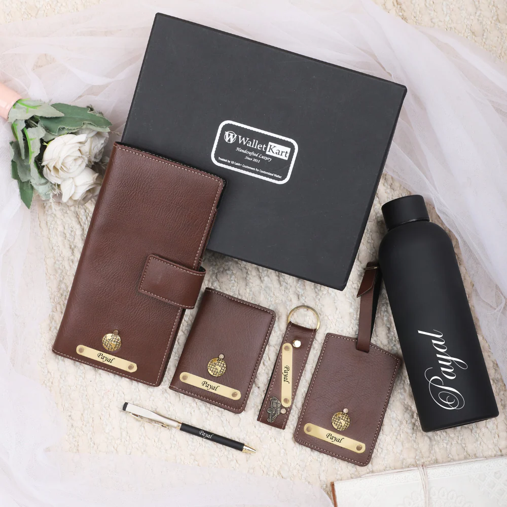 Personalized Leather Men's Card Holder,Keychain,Luggage Tag,Travel Wallet,Pen and H2GO Bottle Engraved Golden Name Plate With Name and Charm | Customised 6 In 1 Gift Combo For Boyfriend Husband & Father On Birthday and Anniversary - Image 8