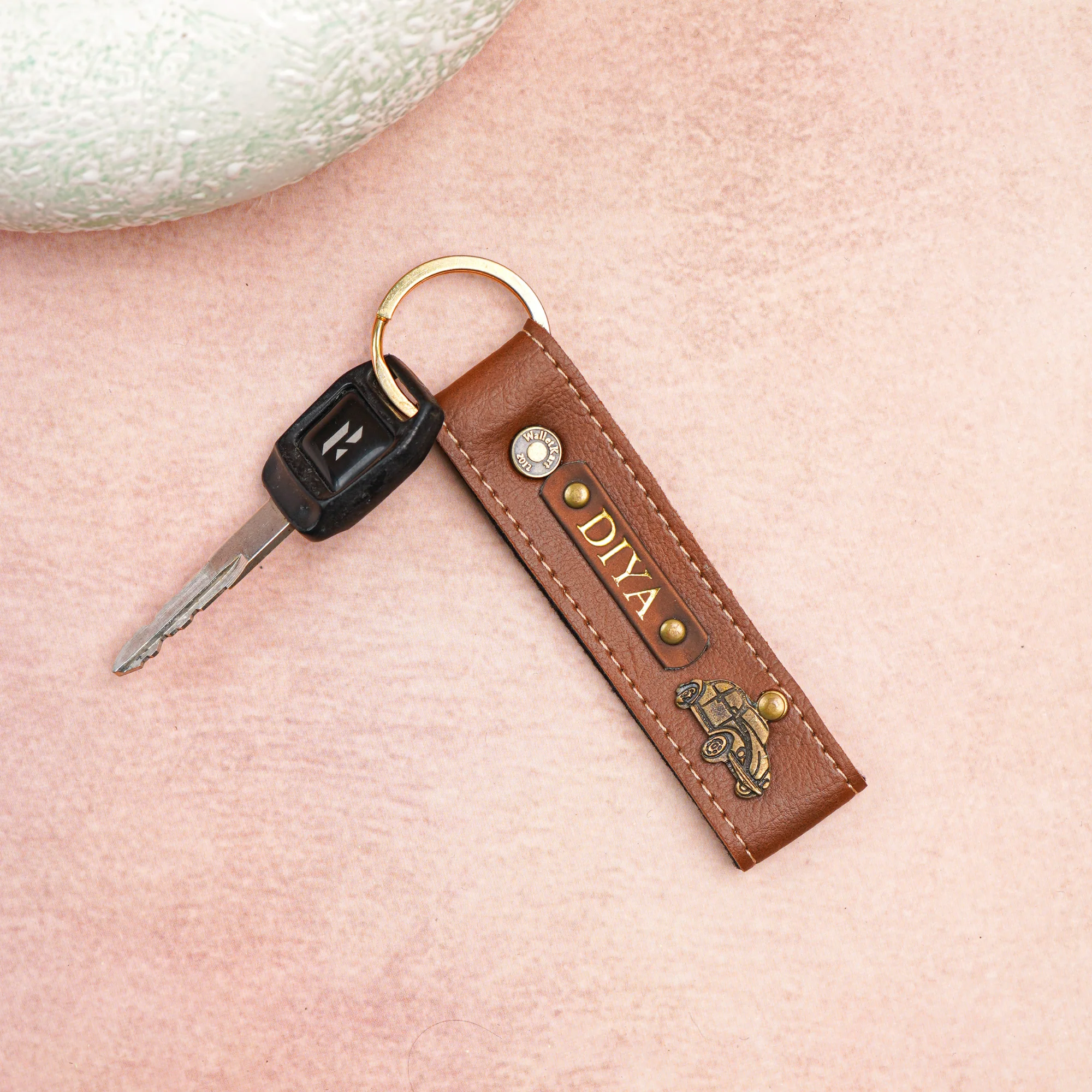 WalletKart Personalized Leather Keychain Name Golden Foil On Leather Strip - Image 2