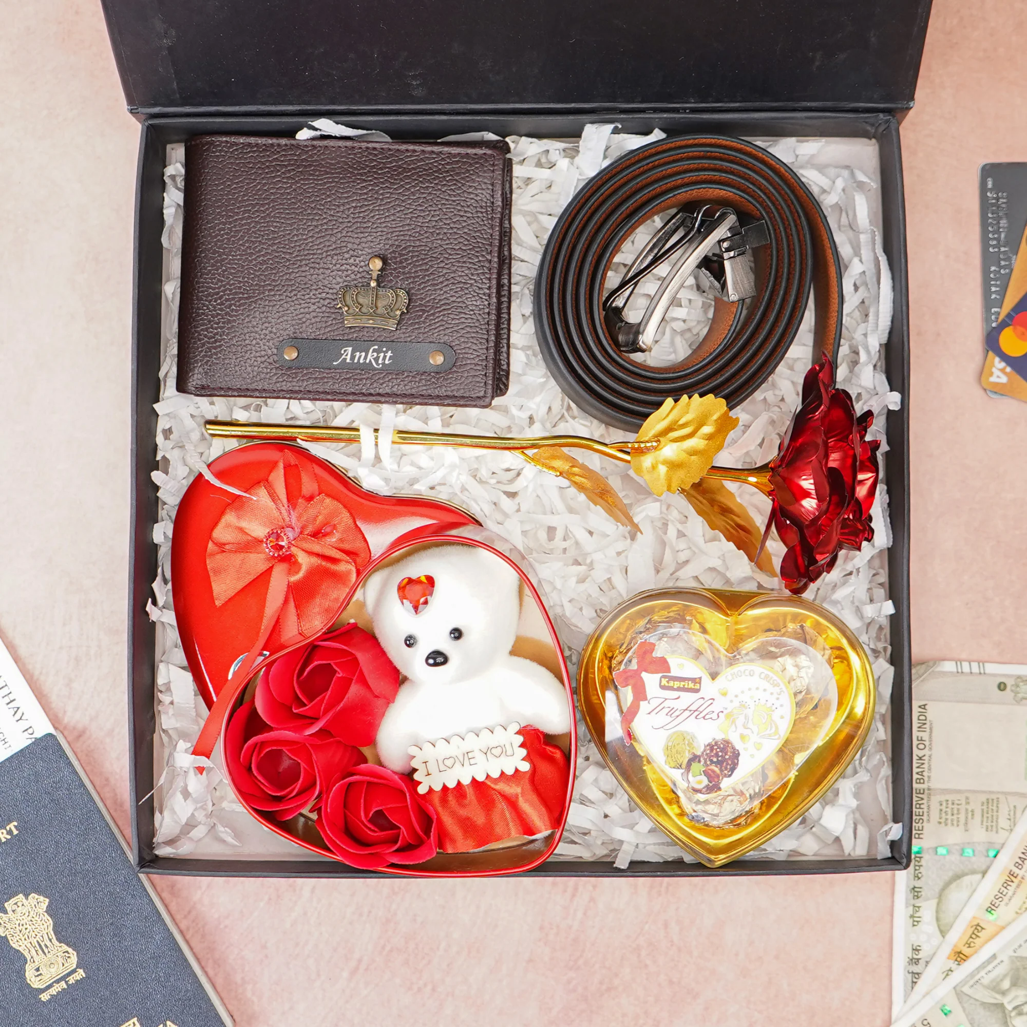 WalletKart Personalized Leather Name 's Wallet and Belt , Rose , Chocolate & Teddy Bear With Name and Charm Customized (5 in 1 Combo) Husband Father & Son on and - Image 3