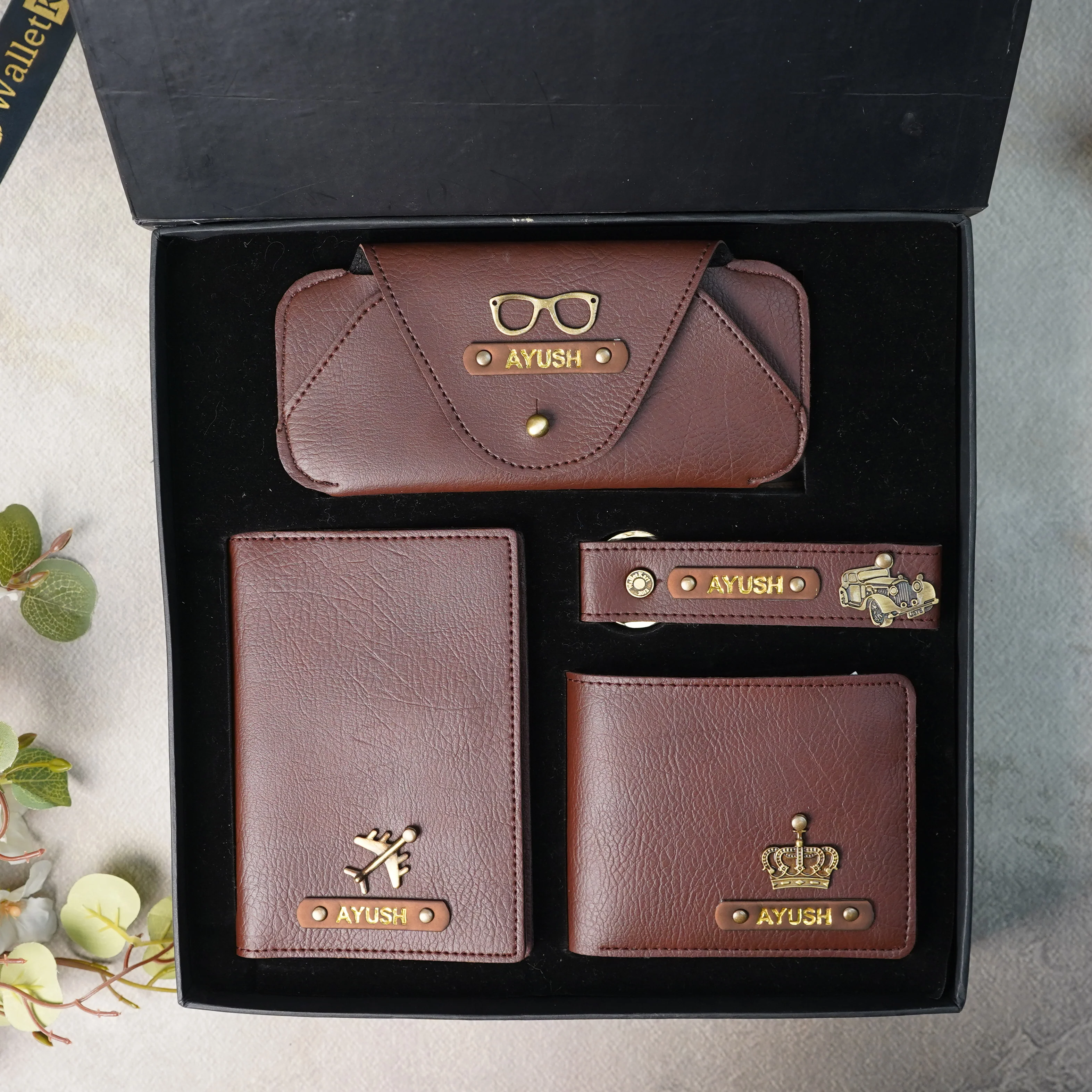 Personalised 4-in-1 Leather's Wallet, Eyewear Case, Passport Cover & Keychain with Golden Foil Name Strip & Charm For Boyfriend, Husband & Father On Birthday and Anniversary - Image 6