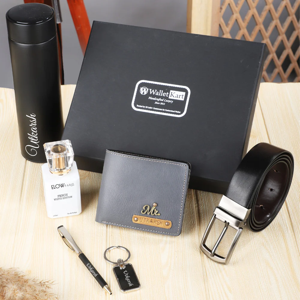 Personalised 6-in-1 Men's Wallet with Embossed Leather Name Strip & Charm and Belt, Metal Keychain, Pen, Perfume & Temperature Bottle For Boyfriend, Husband & Father On Birthday and Anniversary - Image 11