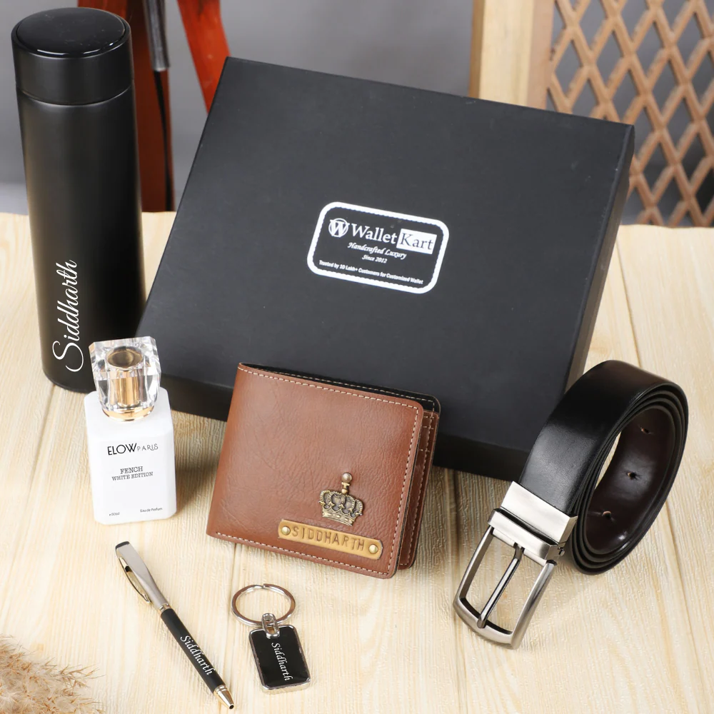 Personalised 6-in-1 Men's Wallet with Embossed Leather Name Strip & Charm and Belt, Metal Keychain, Pen, Perfume & Temperature Bottle For Boyfriend, Husband & Father On Birthday and Anniversary - Image 7