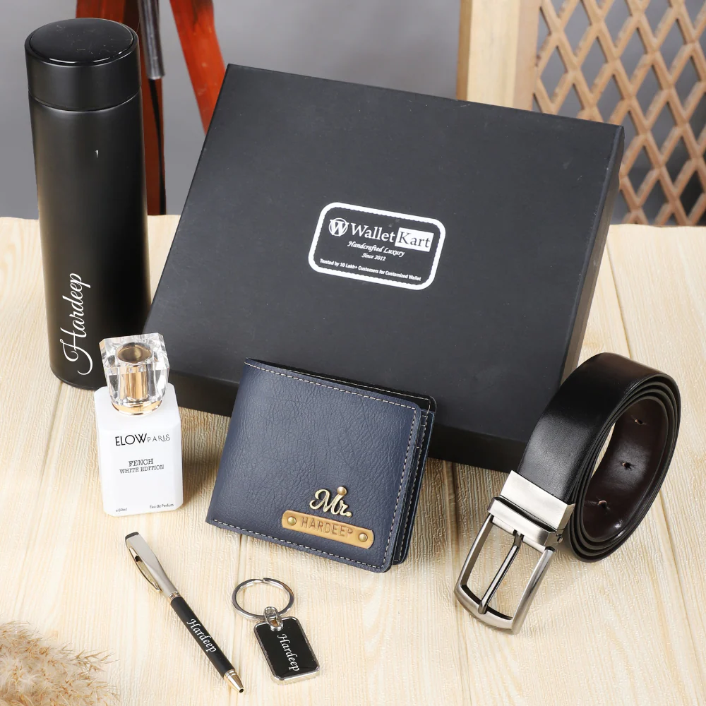 Personalised 6-in-1 Men's Wallet with Embossed Leather Name Strip & Charm and Belt, Metal Keychain, Pen, Perfume & Temperature Bottle For Boyfriend, Husband & Father On Birthday and Anniversary - Image 8
